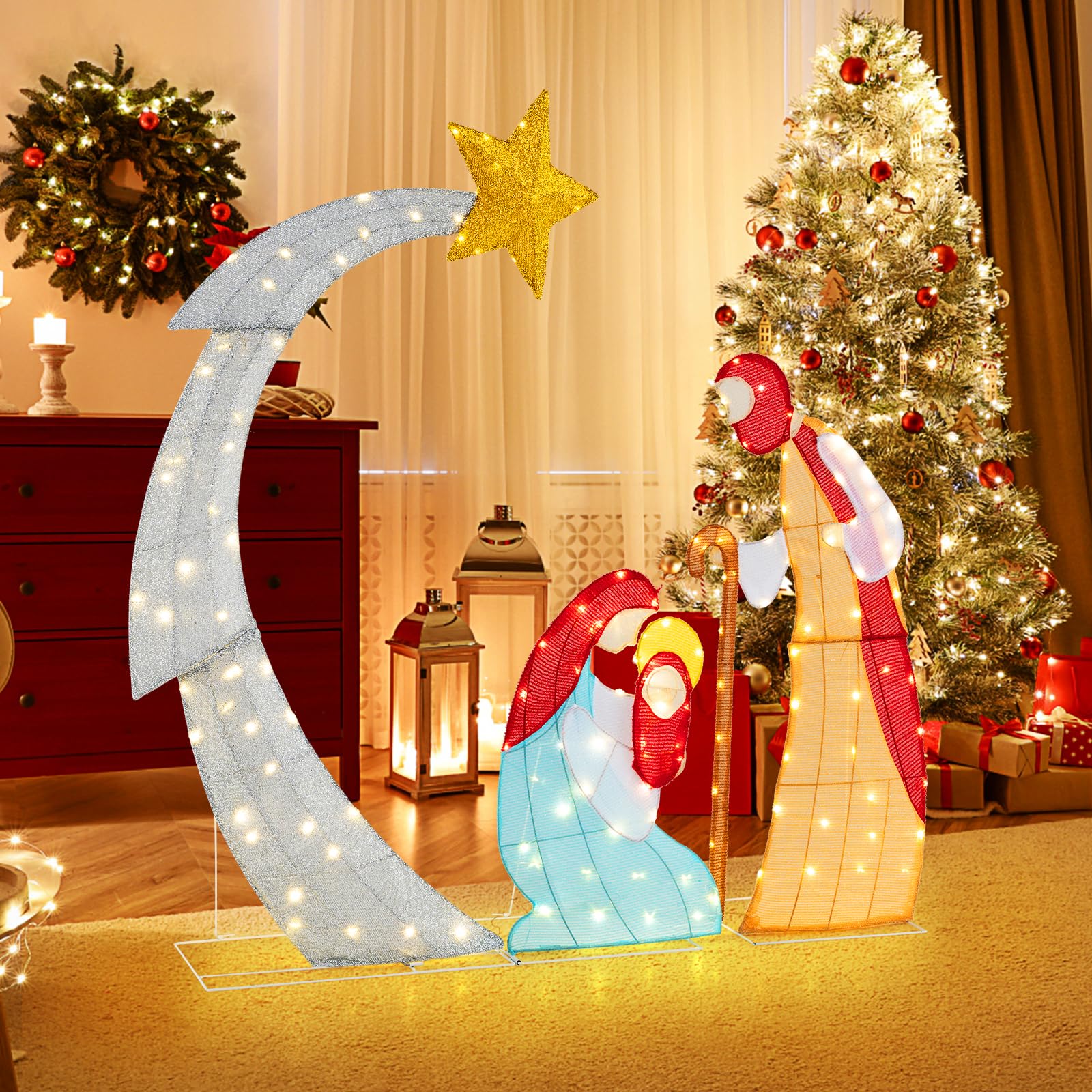 GOPLUS Belén de Navidad Exterior de 151cm, Adornos Navidad Exterior y Interior, Figuras de Portal de Escena con 140 Luces LED, luz Blanca cálida para Balcon (Jesús 151 CM)