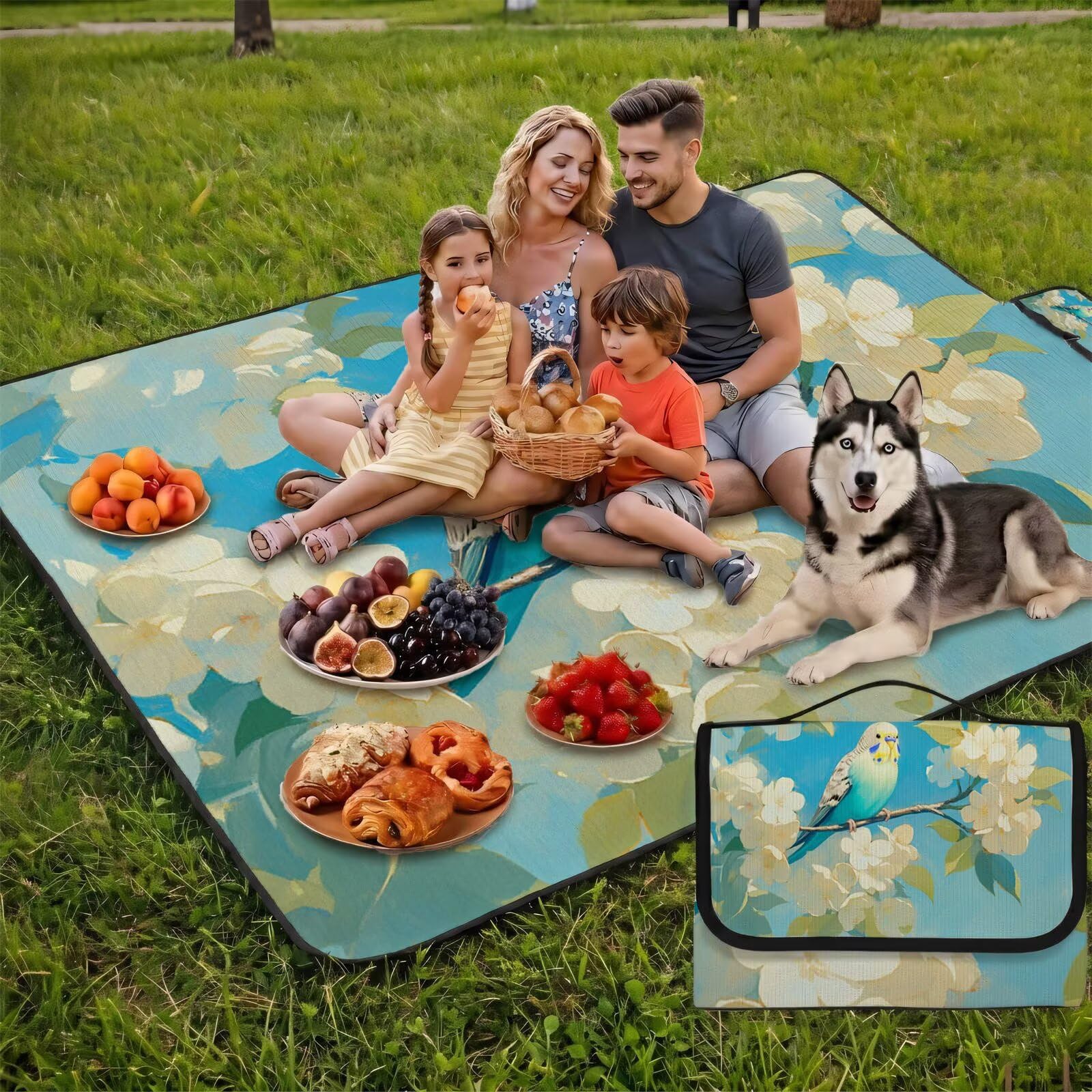 Couverture Pique Nique Grande 200x300cm,Outdoor Couverture Imperméable,Pliable Tapis de Plage Dos en PVC Anti-Sable,Picnic Blanket pour Camping Accessoires,Jardin,Parc,Famille - Perroquet,Fleur UZ-363