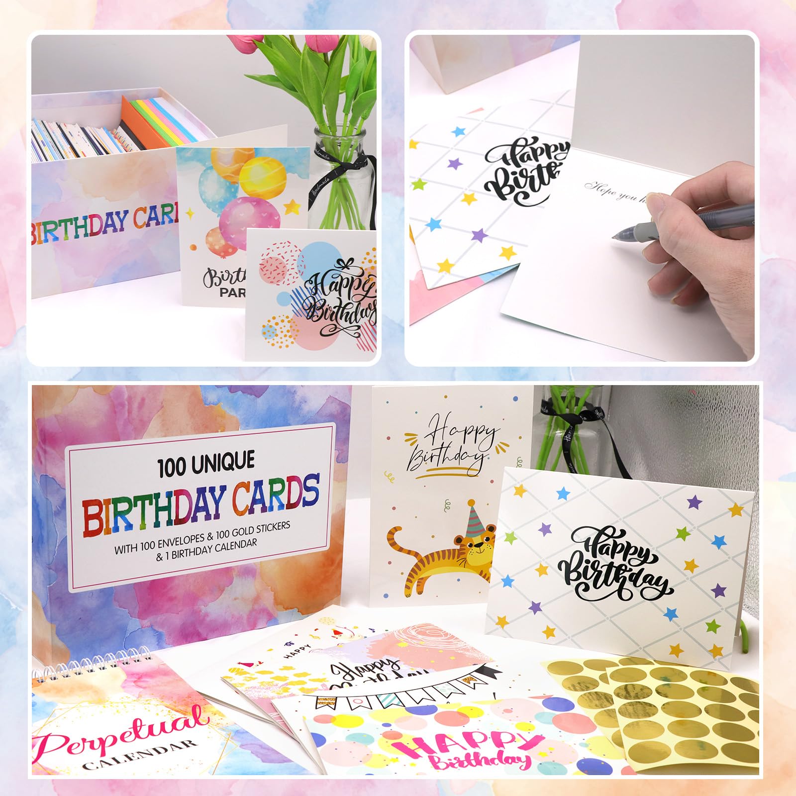 Biglietti assortiti di buon compleanno, set da 100 biglietti di compleanno unici con buste, adesivi con sigillo dorato, calendario di compleanno, scatola regalo di compleanno con messaggio