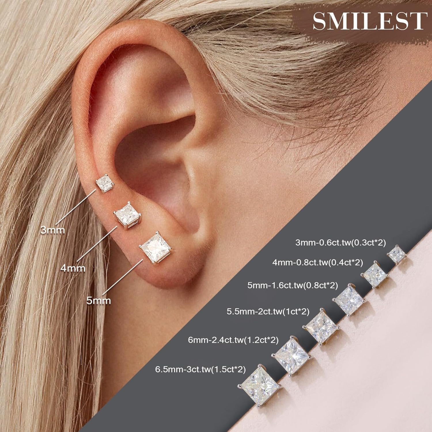 SMILEST 0.6-3ct Princess Cut Moissanite Earrings for Women, Lab Created Moissanite 14K Gold Plated 925 Sterling Silver Solitaire Stud Earrings for Women Men Jewelry Gifts Hypoallergenic Hypoallergenic - Image 7