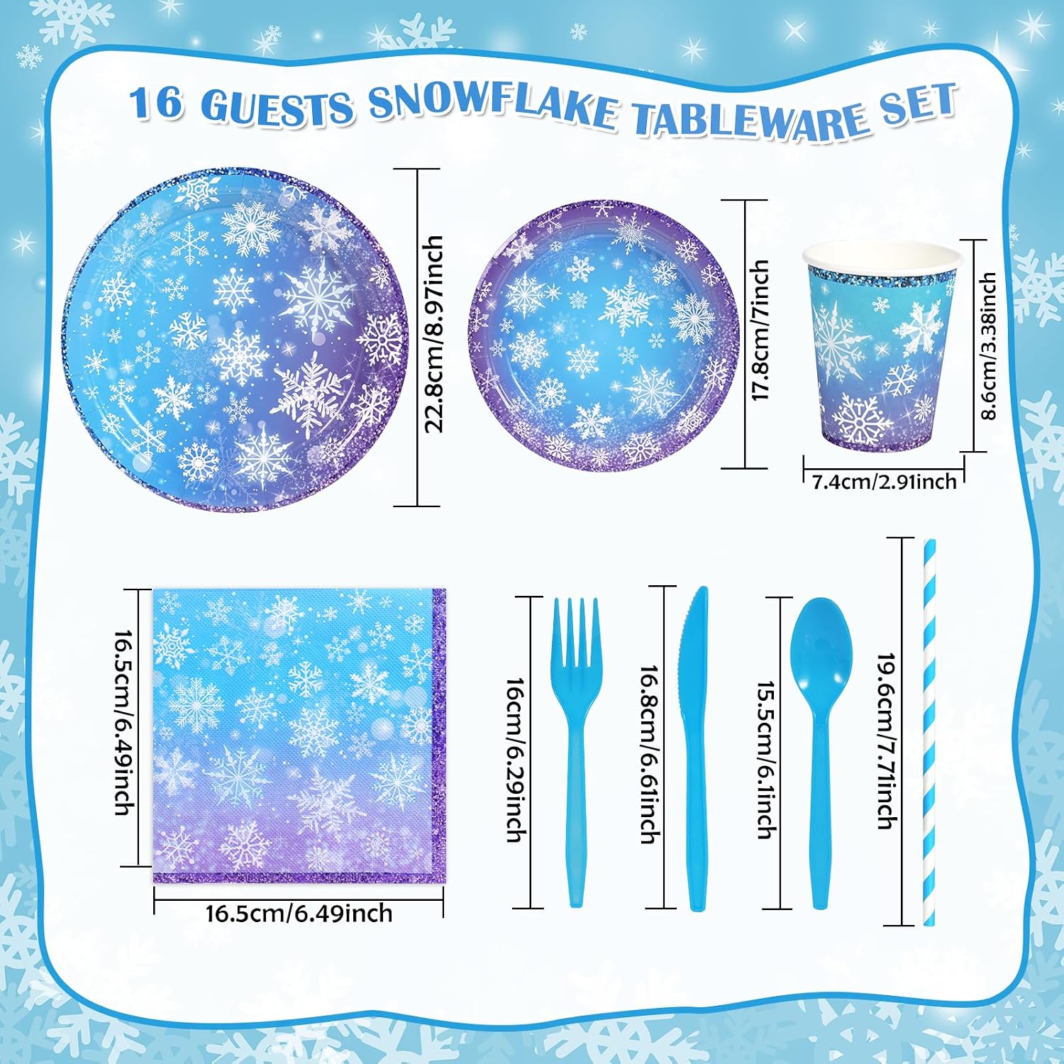 HOWAF 130pcs Winter Snowflake Frozen Disposable Tableware Winter Wonderland Tablecloth Napkins Plates Cups Knives Forks Spoons Banner for Xmas Winter Birthday Party Decorations Serve for 16