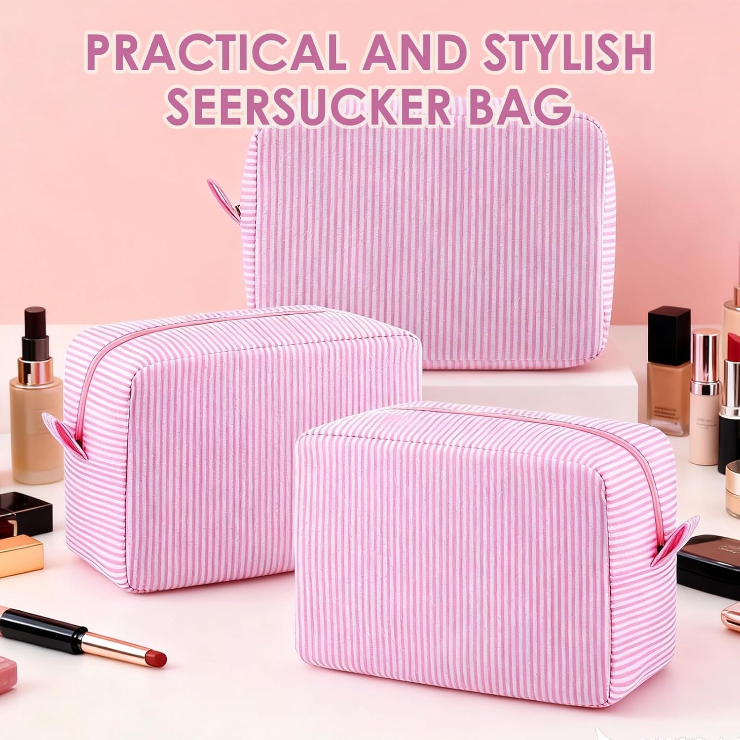 Sanwuta 6 Pcs Seersucker Cosmetic Bag Bulk Pinstripe Makeup Bag for Women Aesthetic Cute Travel Toiletry Organizer Preppy Storage Pouch for Wedding Bridesmaid Christmas Gift (Large,Pink) - Image 5