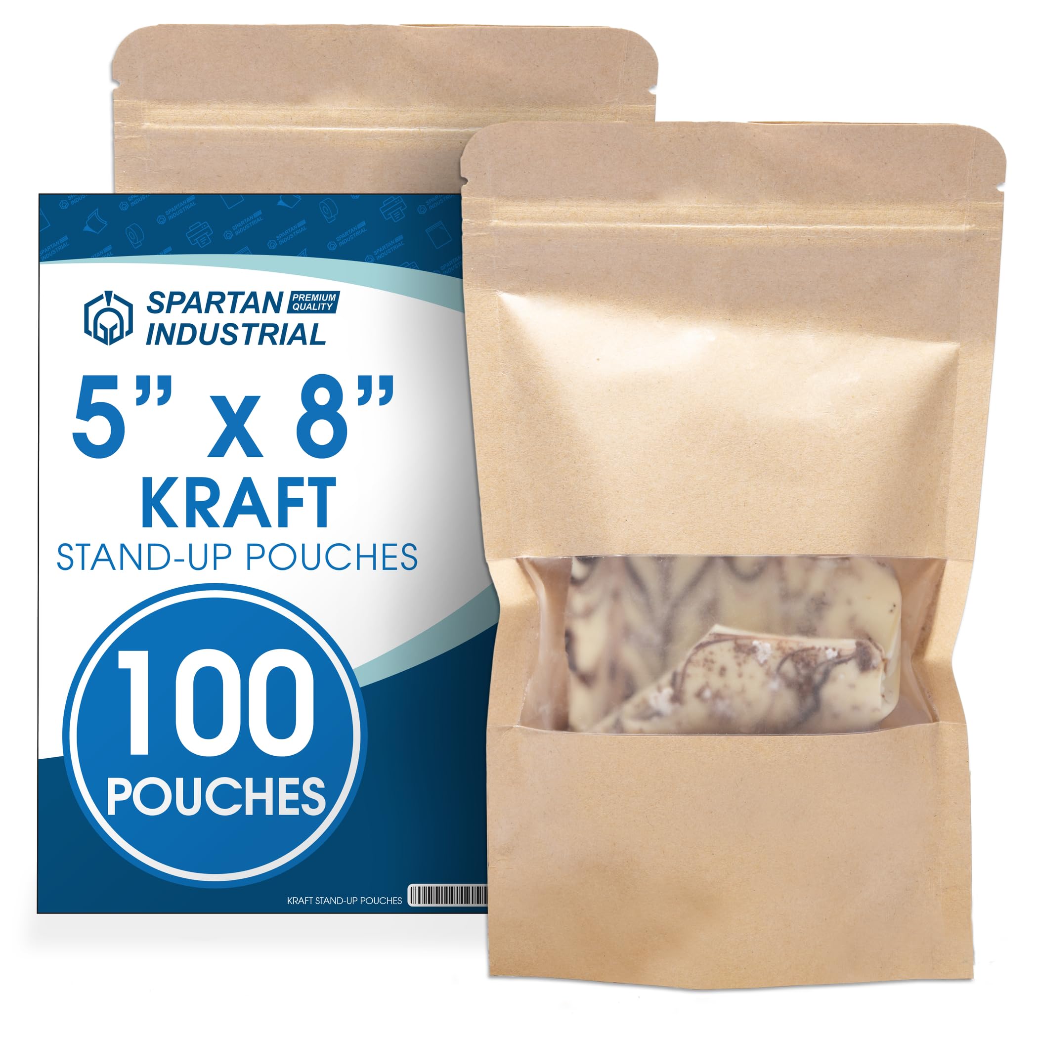 Spartan Industrial - 5" X 8" Kraft Zip Top Food Storage Bags - Pack of 100 Smell-Proof Resealable Pouches for Packaging Coffee, Tea, Spices, Snacks, and More