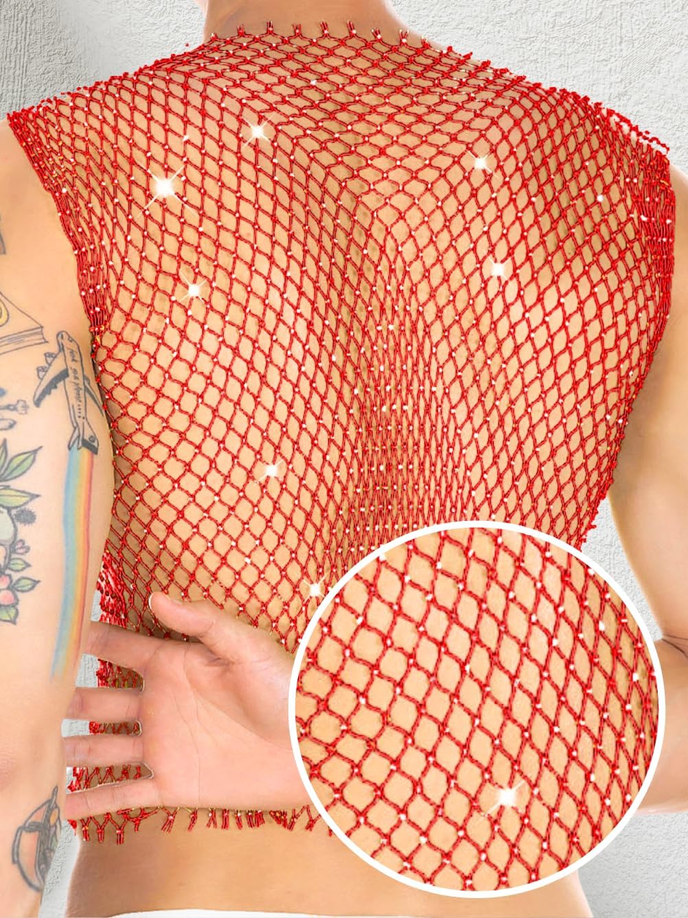 Kaei&Shi Rhinestone Mens Tank Tops Sheer Mesh See Through Fishnet Sparkly Rave Outfit Festival Crop Men Shirt Sexy Club Party - Image 2