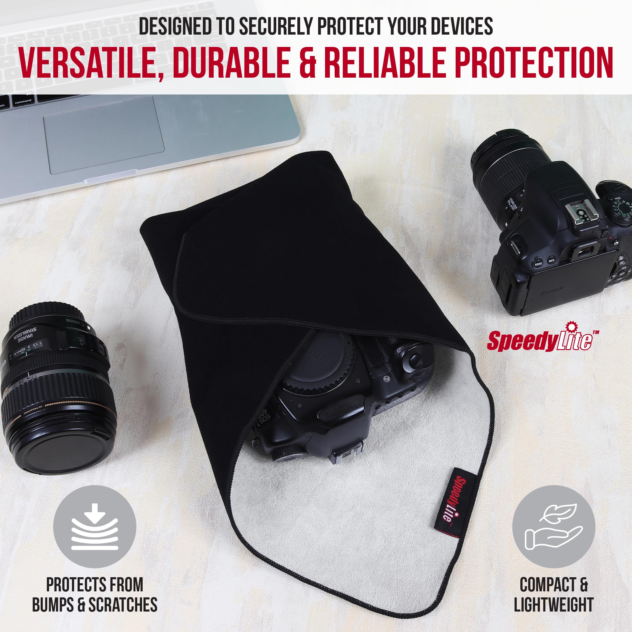 SpeedyLite Protective Camera Wrap with Waterproof Mid-Layer. Protective Lens Wrap for Digital Cameras, Tablets and Laptops. Black, 15 Inches.