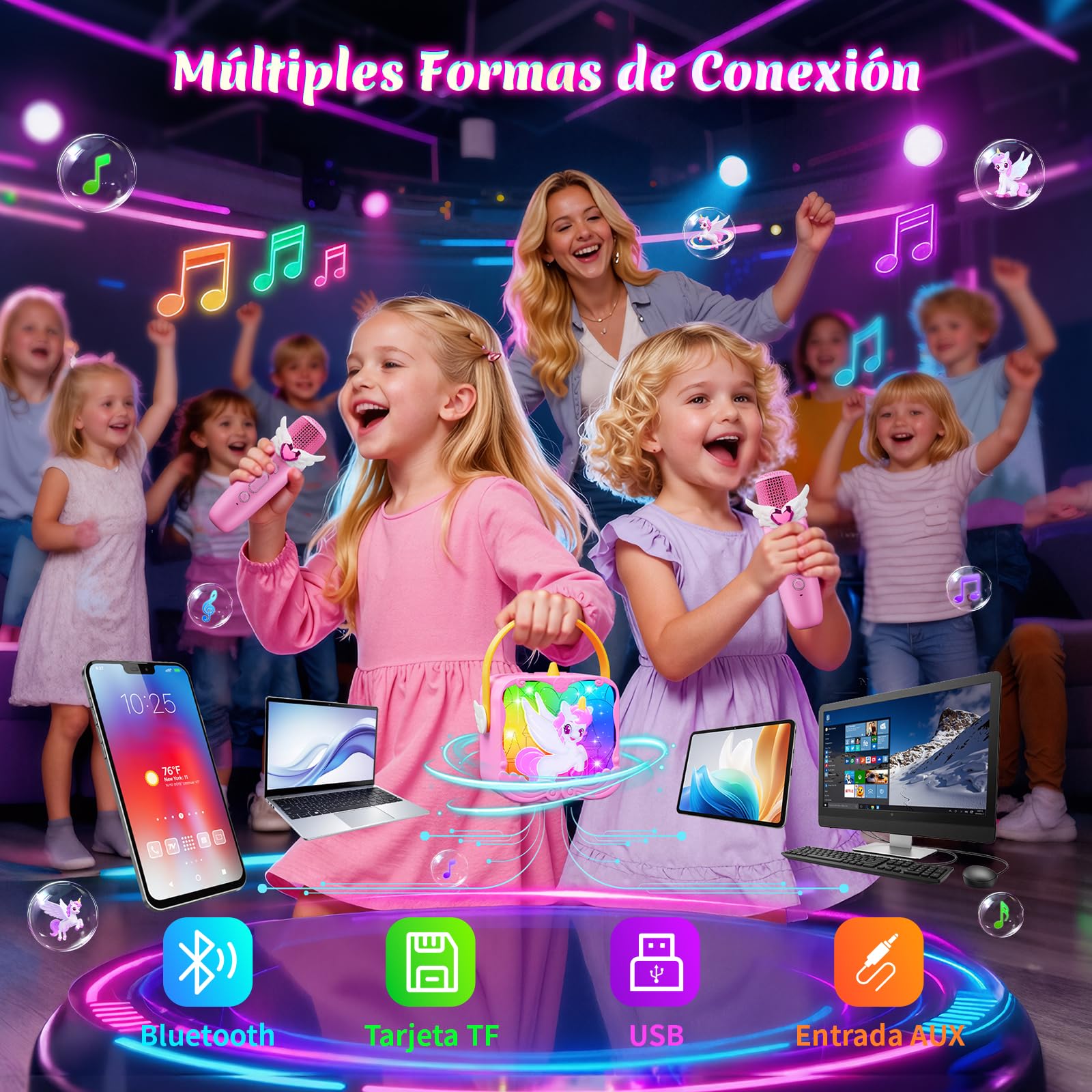 Juguetes Niña 3 4 5-10+ Años,Unicornios Karaoke Infantil 2 Microfonos Inalambricos Mit LED-Lichteffekten Regalo Niñas 3-10 Años Micrófono Karaoke Infantil Musical Fiesta Cumpleaños Regalos de Pascua