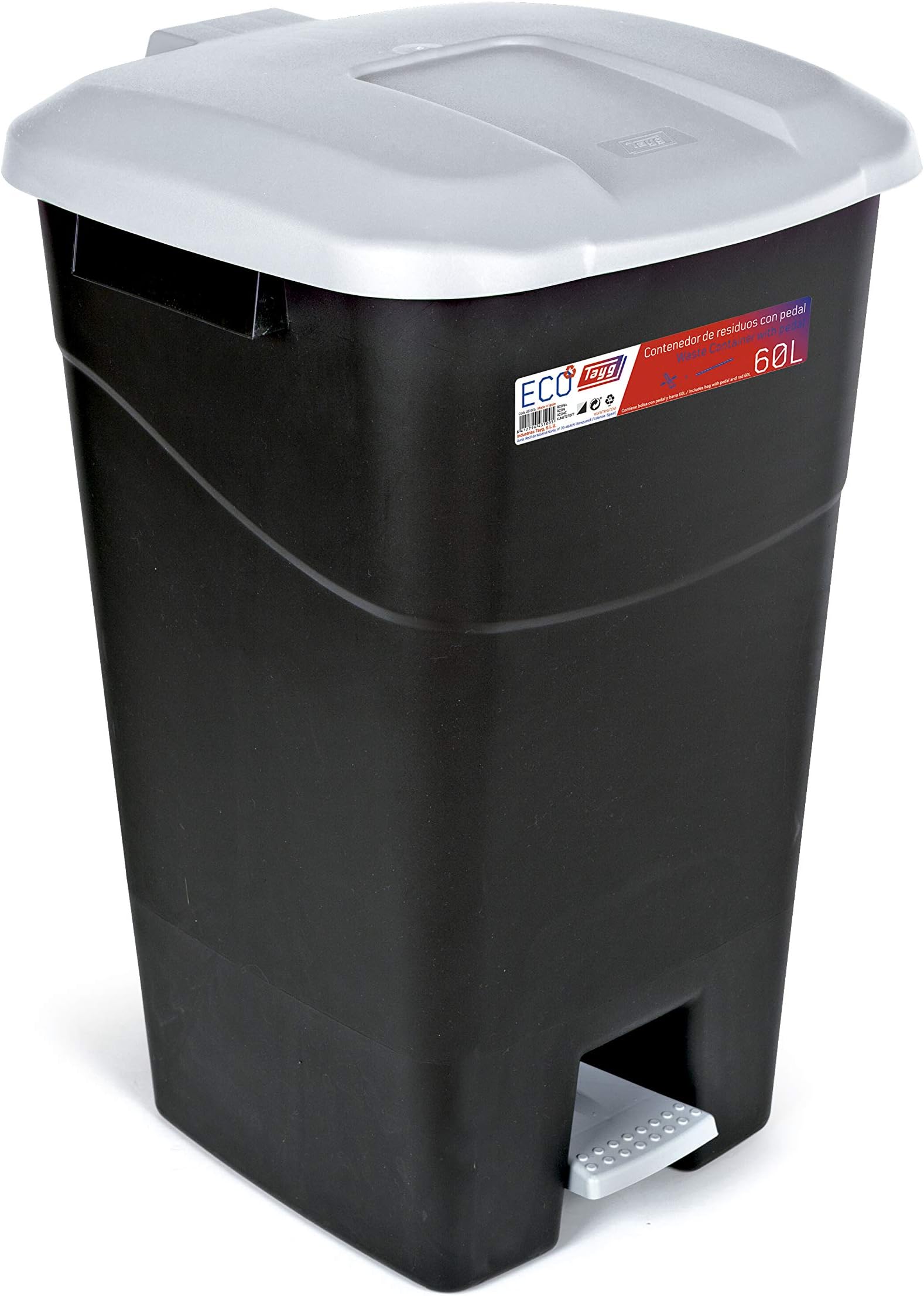 60 Litre Waste Container with Pedal, Black Base and Grey Lid
