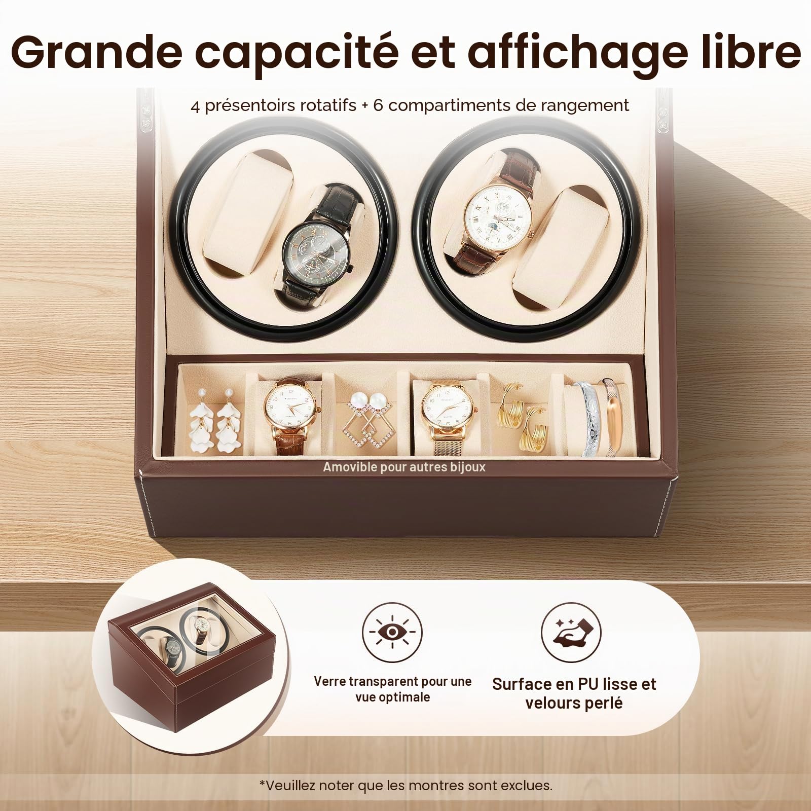 Boîtier Remontoir Montre Automatique 4+6, Remontoir Automatique pour Montre, Automatische Uhrenbeweger Box, Rotation Bidirectionnelle Silencieuse, Convient aux montres mécaniques automatiques