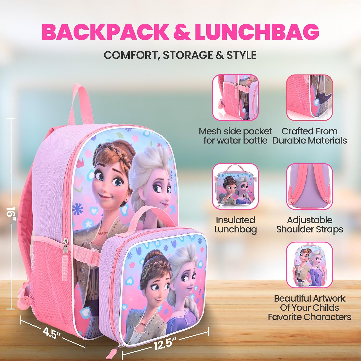 Fast Forward Disney Frozen 16" Backpacks With Lunch Bag - Licensed Characters Kids Schoolbag