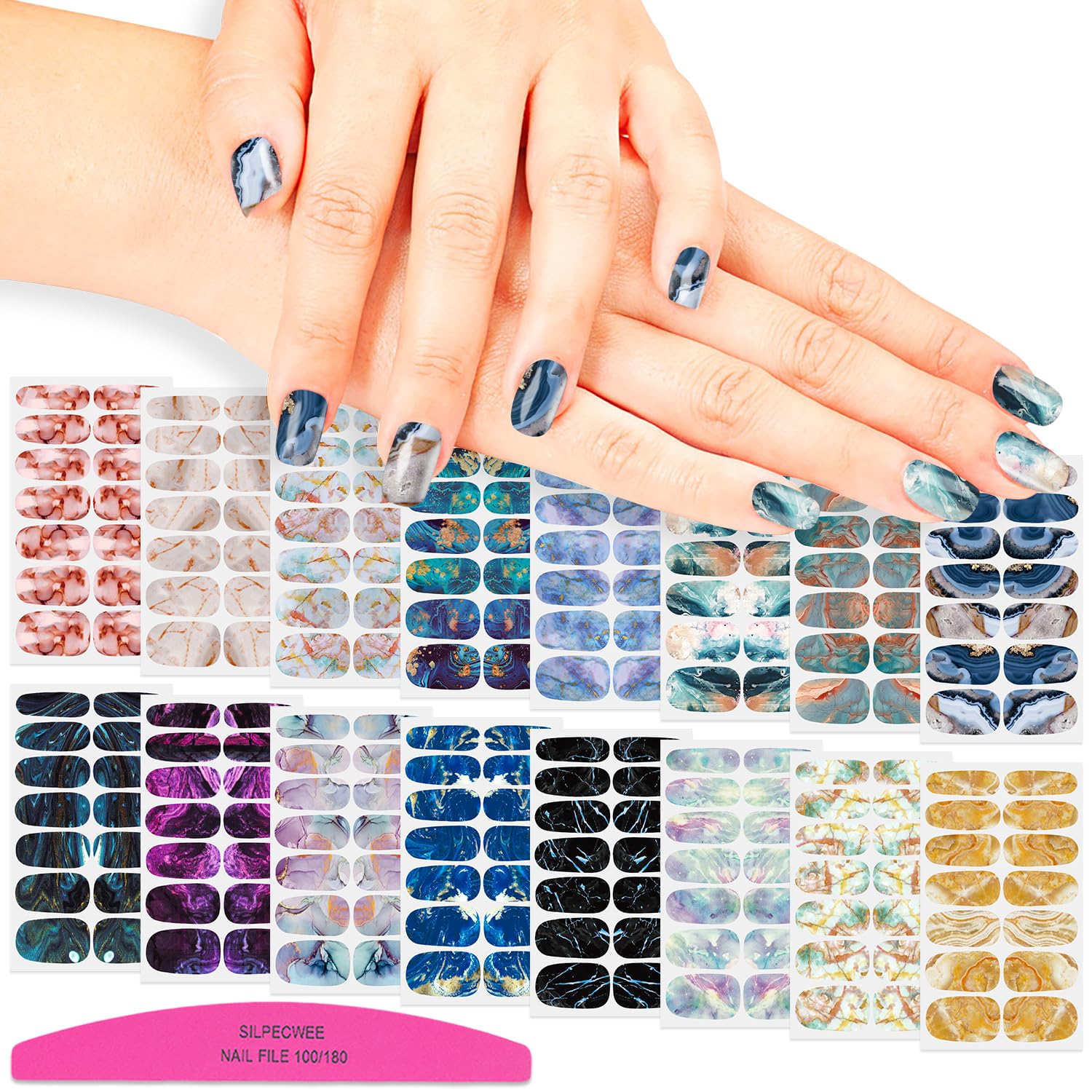 SILPECWEE Nail Polish Strips Self Adhesive Nail Stickers Full Nail Wraps for Women Nail Strips Real Nail Polish Gel Nail Sticker with 1pc Nail File (Mable Style)