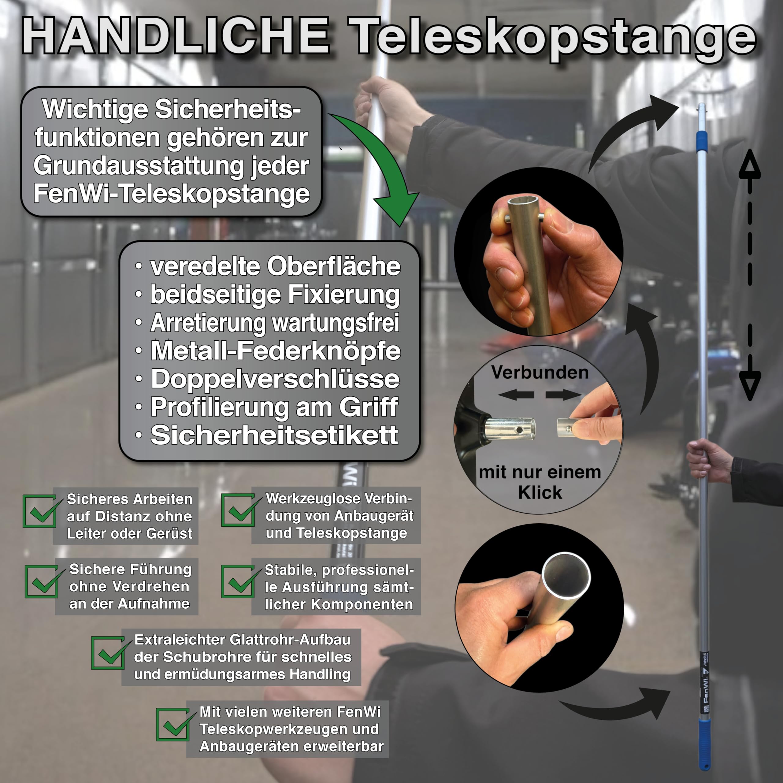 FenWi 3m Teleskop Fensterputzer Profi Set mit 25/30cm Kombi Einwascher/Abzieher, Gummilippe, Kombi Fensterwischer und 300cm Alu Teleskopstange für Wintergarten Fenster und Solaranlagen Reinigung