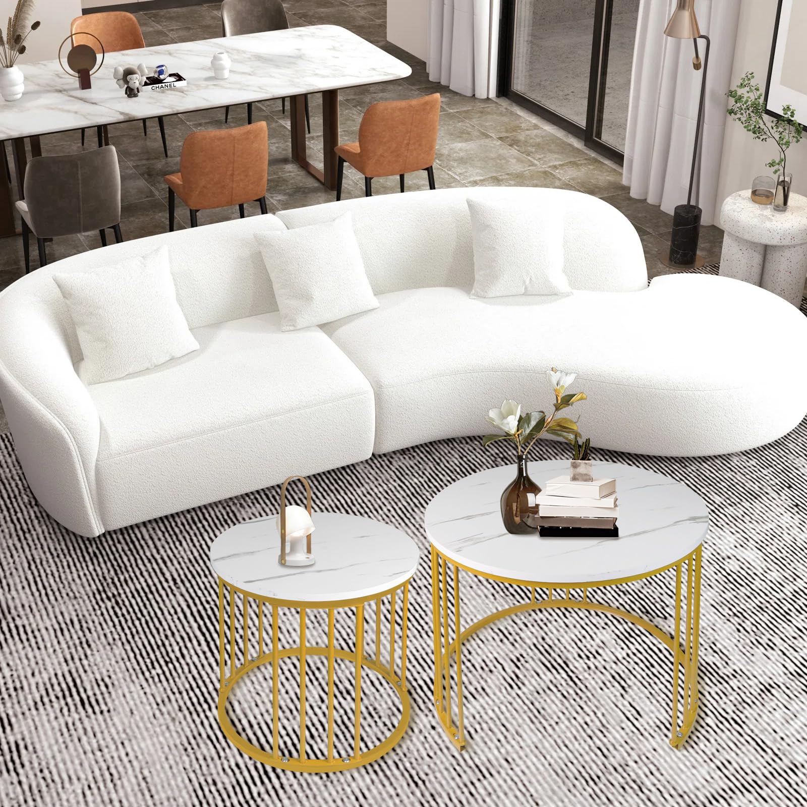 OHMG Set mit 2 Beistelltischen, rund, 70/50 cm, runder Beistelltisch, modernes Design, Wohnzimmertisch aus Marmor, mit Fuß aus Stahl (weißer Marmor + goldene Beine)