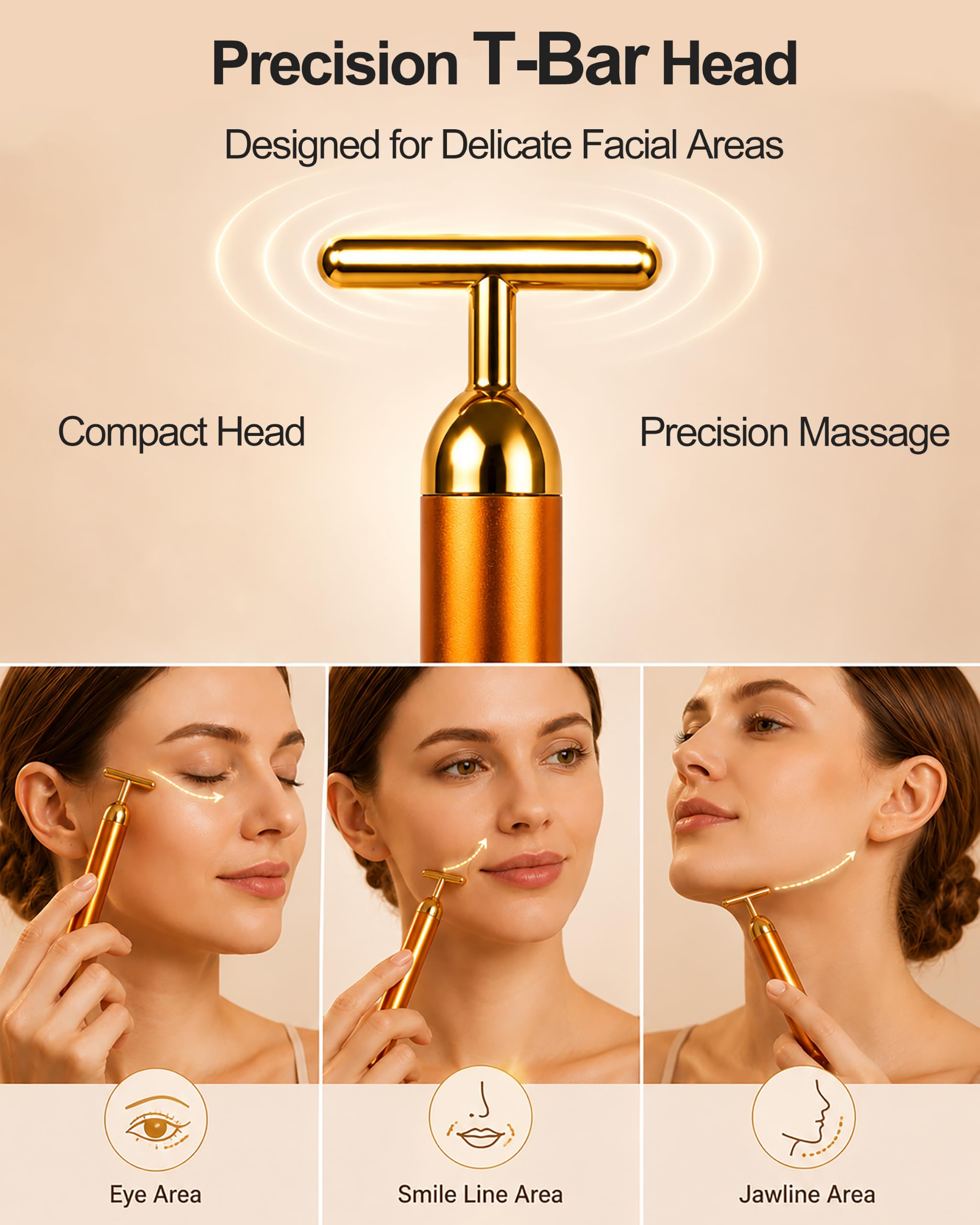 Rodillo masajeador facial recargable, masajeador facial con barra en T vibrante dorada y rodillo facial 3D para drenaje linfático, depuffer facial para mandíbula, cara hinchada y rutina de