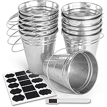 Colorlaza Galvanized Metal Bucket with Handle 12 Pcs- Metal Buckets for Party, Tin Buckets with erasable Stickers and Chalk Marker Silver Bucket 4.7" W x 5" H x 2.7" L