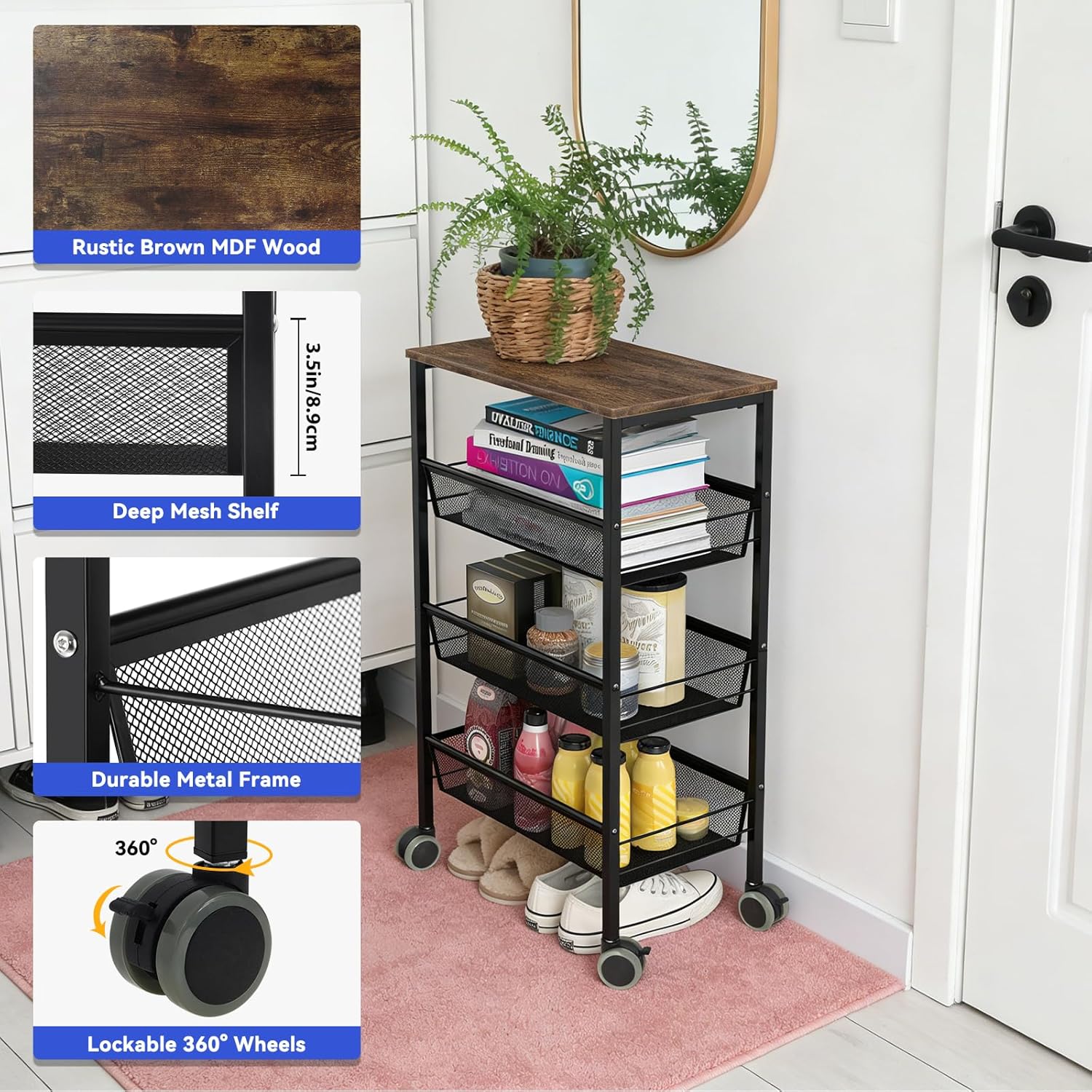 Kitchen Cart with Drawers, 4-Tier Rolling Cart with Wood Tabletop, Lockable Wheels Utility Storage Cart, Vegetable Organizer for Kitchen, Serving Cart with Mesh Basket, Industrial Brown