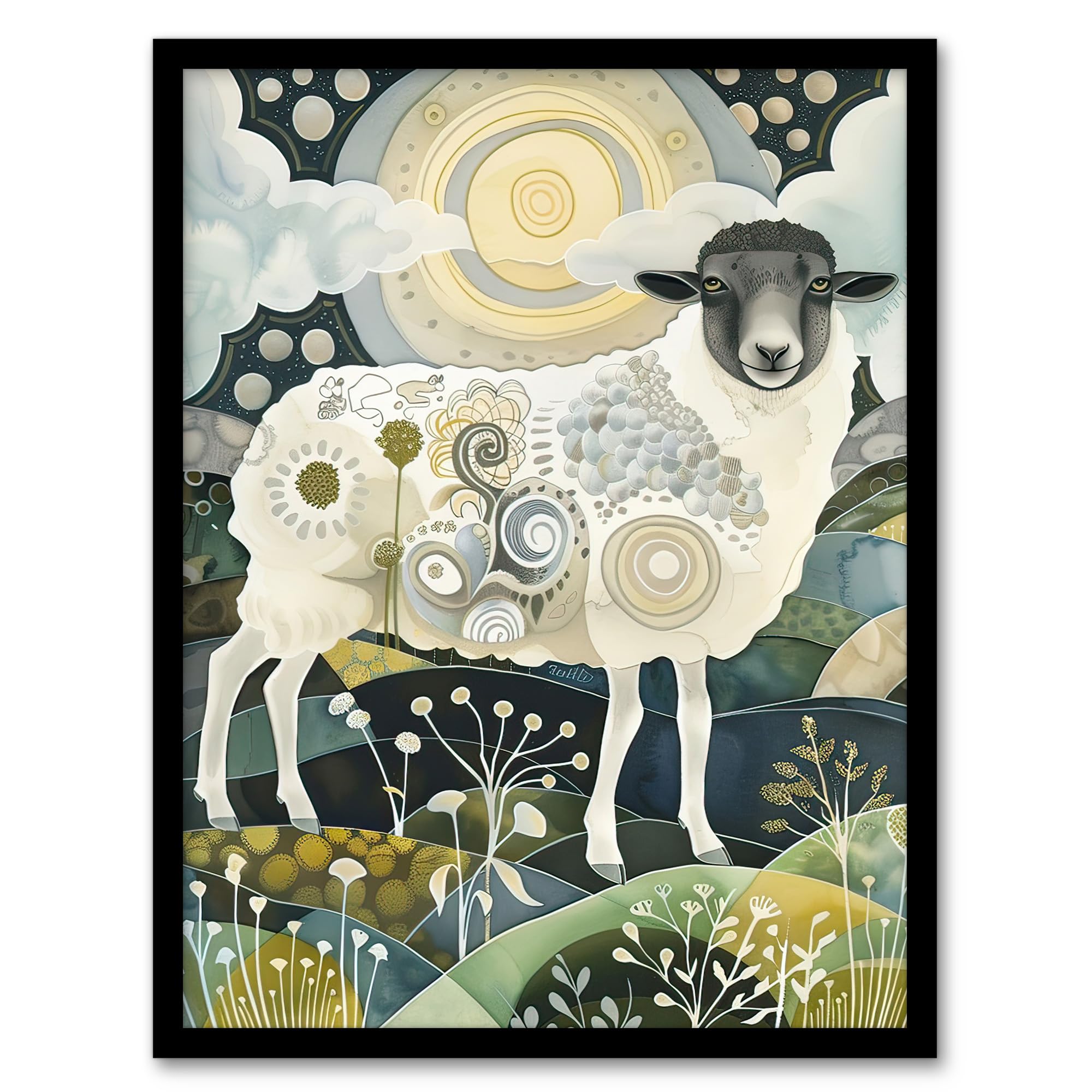 Artery8 Stylised Sheep with Patterns Full Moon Folk Art Living Room Artwork Framed Wall Art Print A4
