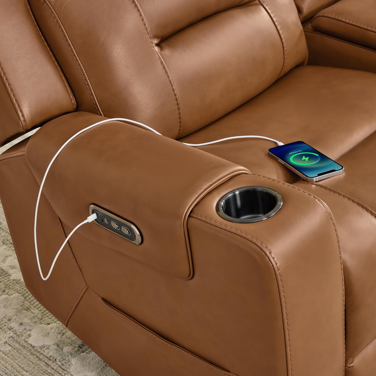 Watson & Whitely Genuine Leather Power Loveseat Recliner Sofa, Lay Flat Loveseat Reclining Sofa with Power Headrest, Cup Holders, USB & Type-C Ports, Dual Recliners for Living Room, Saddle Brown