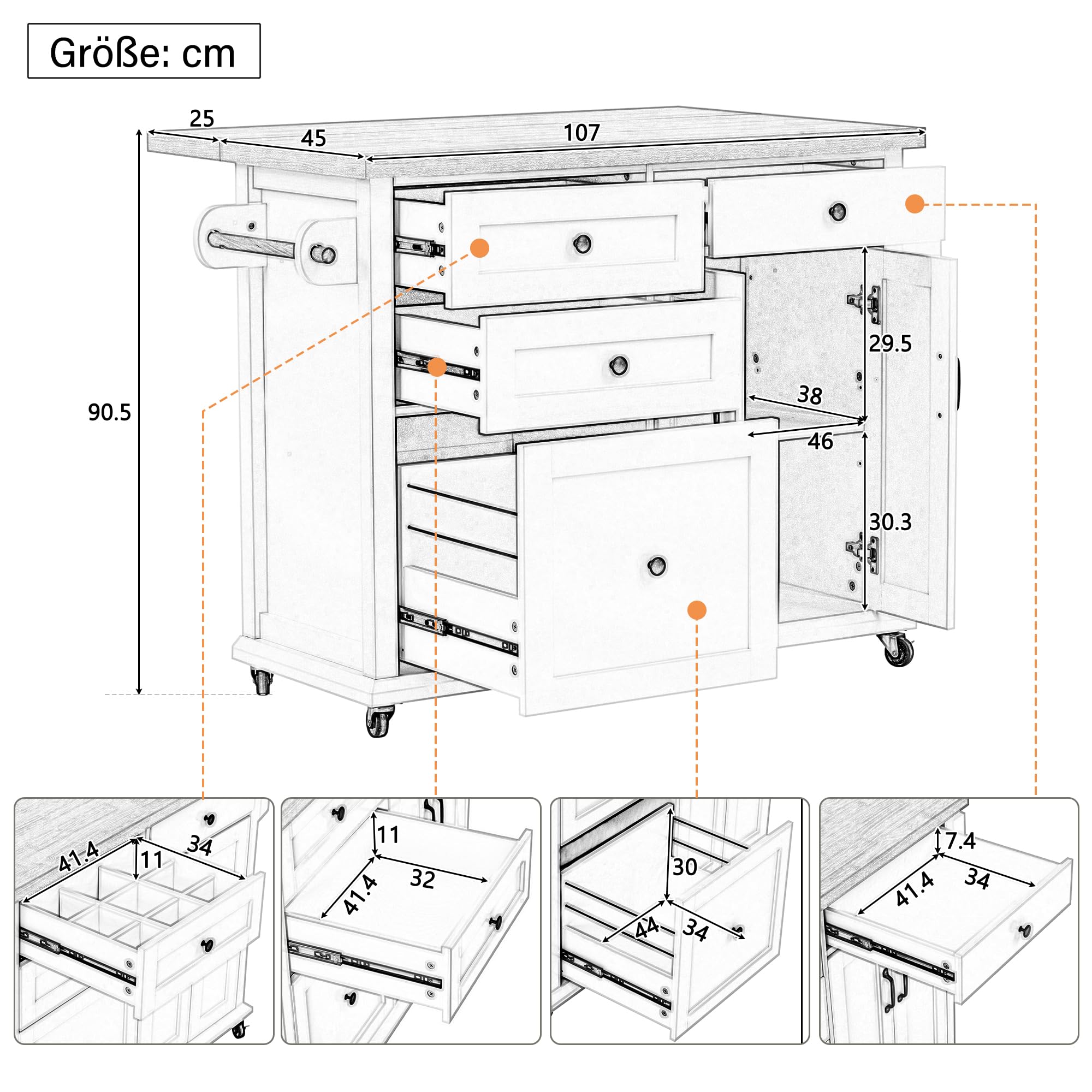 Isola da cucina mobile, carrello da cucina, tavolo da pranzo estensibile, armadio da cucina con ruote, cassetti multifunzione, per cucina, sala da pranzo, 107 x 45 x 90,5 cm (nero)