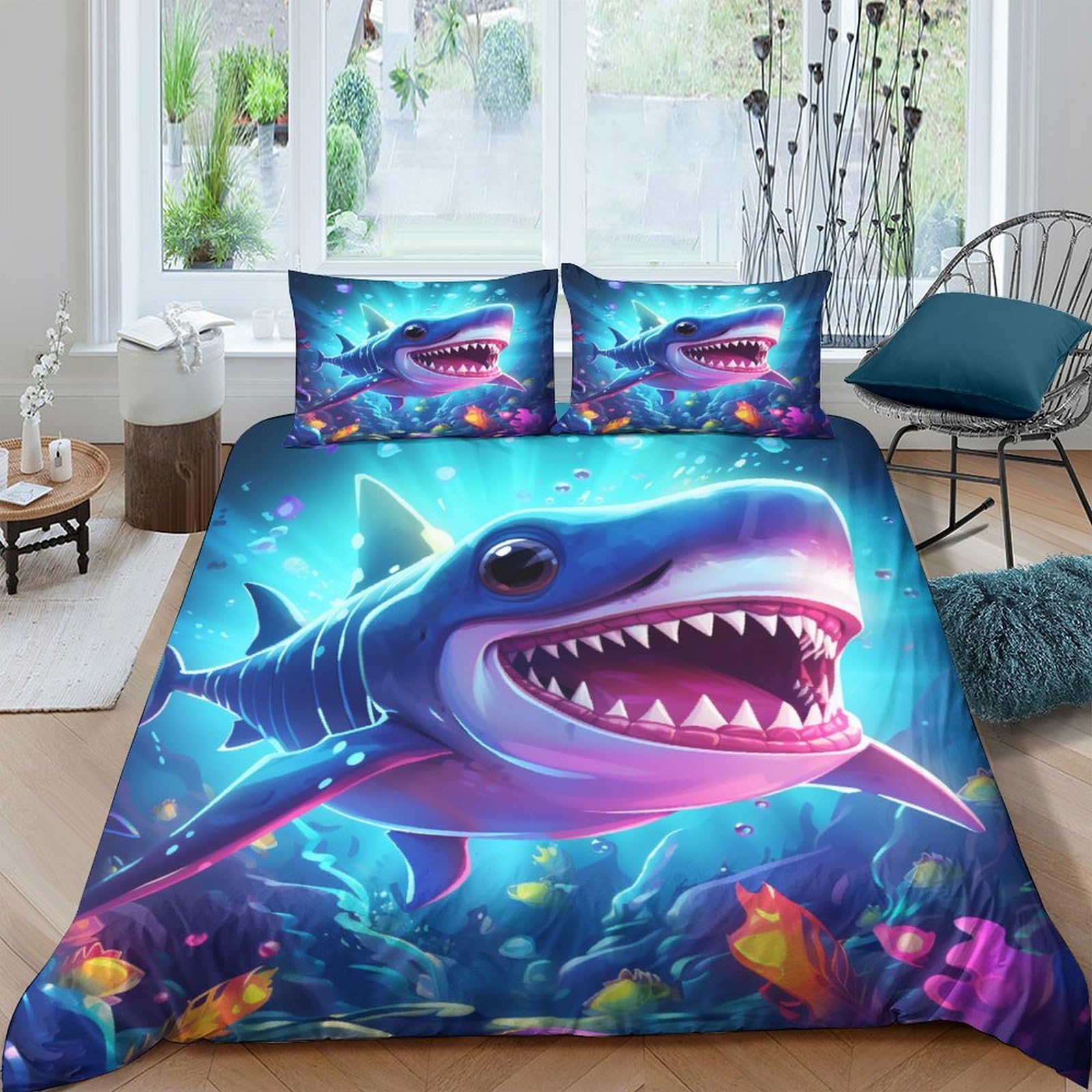 Housse de couette requin 3D pour lit double 200x200 avec 2 taies d'oreiller