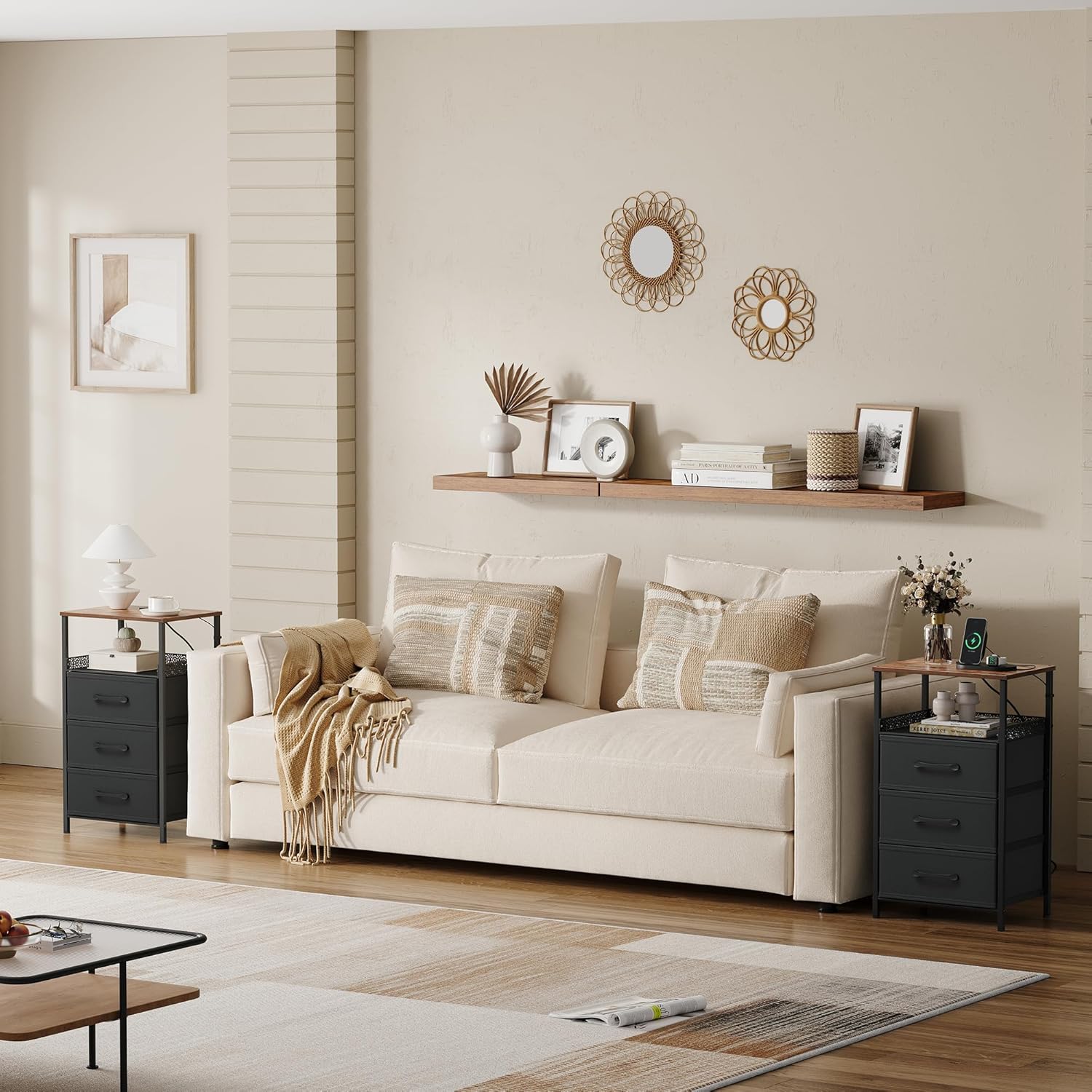 Close-up of the adjustable feet on the bottom of the nightstand, used for leveling on uneven surfaces.