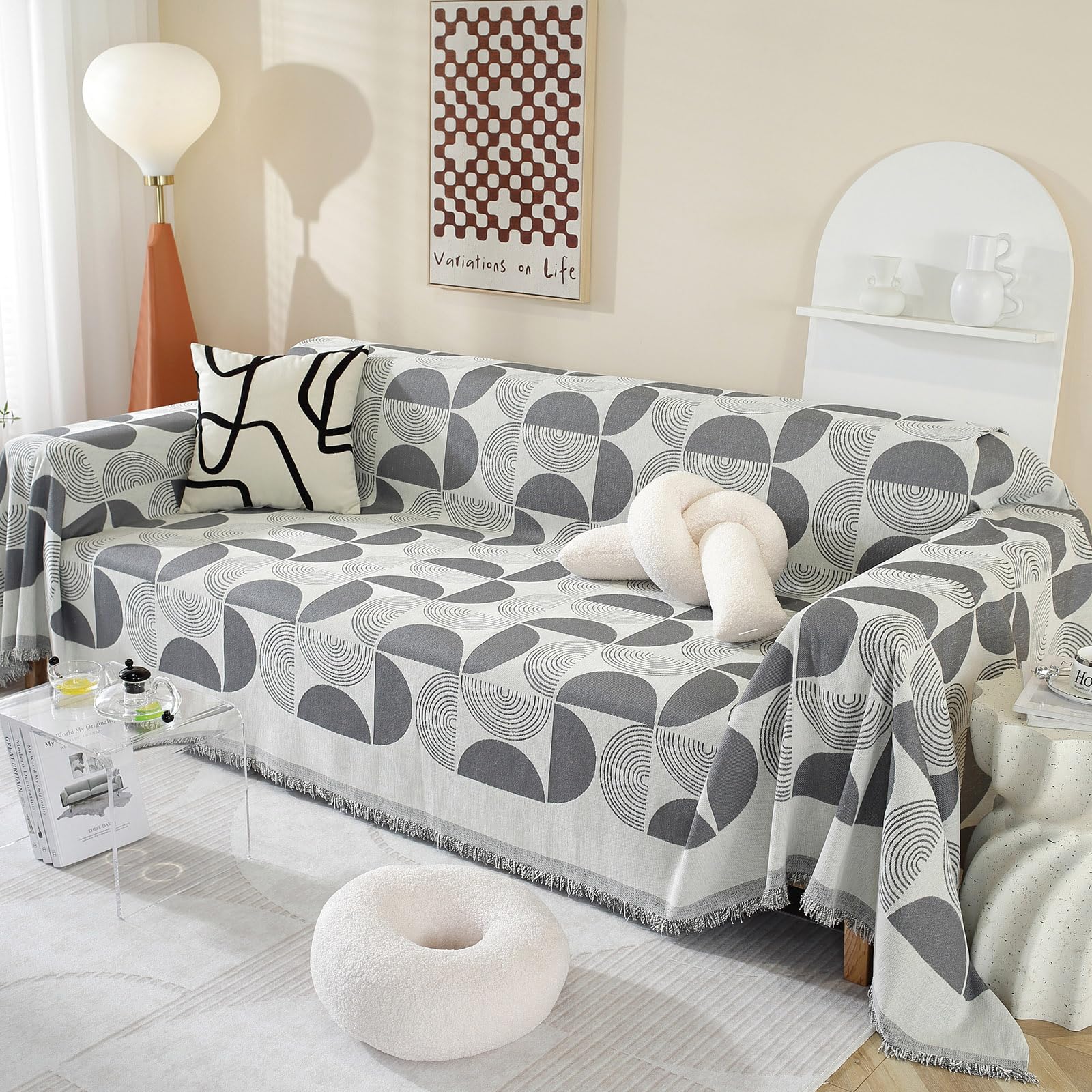 DREAMINGO Sofa Covers Circle Geometric Couch Cover Sectional Couch Covers for 3 Cushion Couch Sofa Dog Couch Protector Grey Chenille Furniture Cover Stain Resistant Slip Covers for Sofa,71"x134" โ image 1