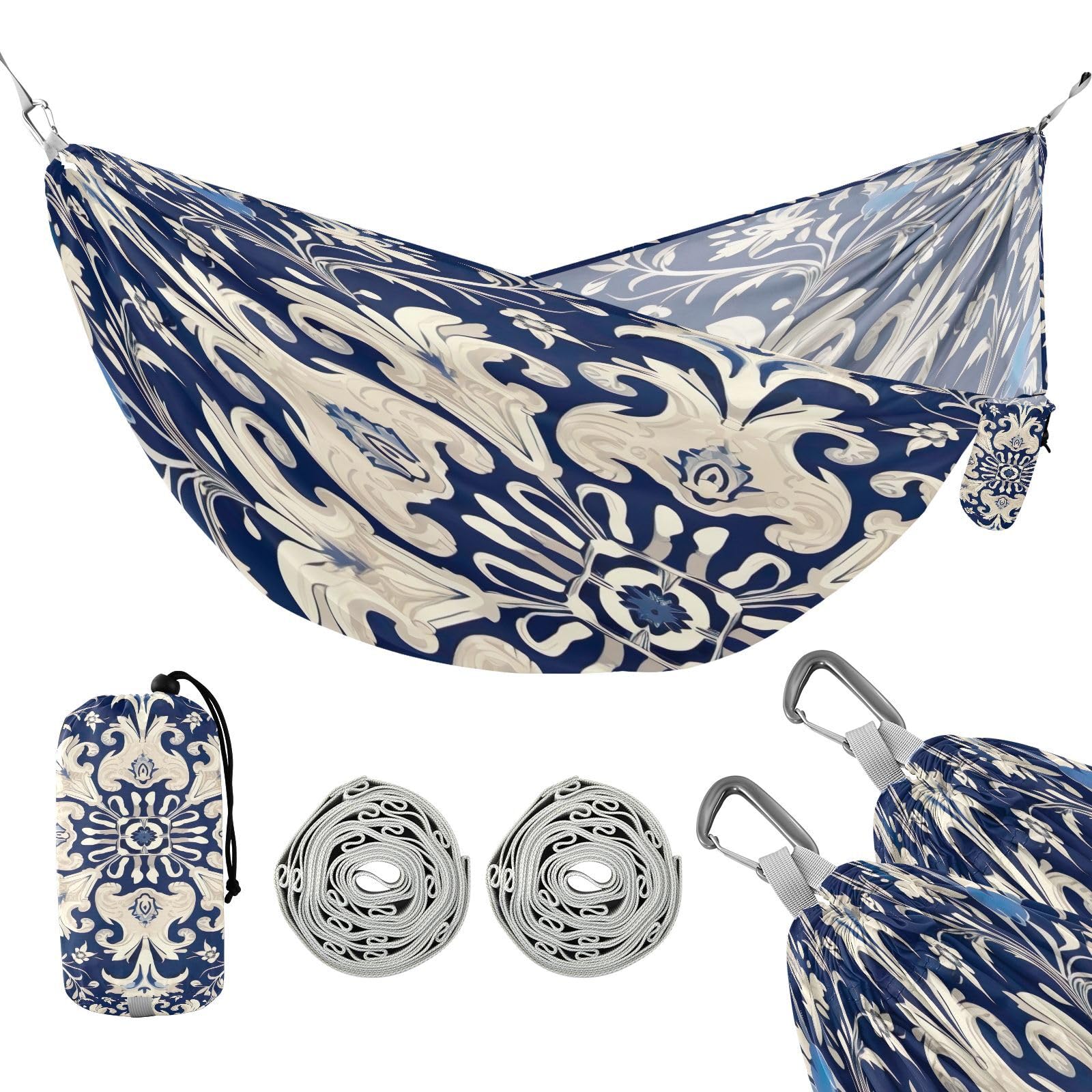 Haskirky Vintage Ornamental Floral Camping Hammock, Single Portable Hammocks with Tree Straps & Attached Carry Bag, 330Lbs Capacity Perfect for Outside Indoor Hiking Beach Backpack Travel