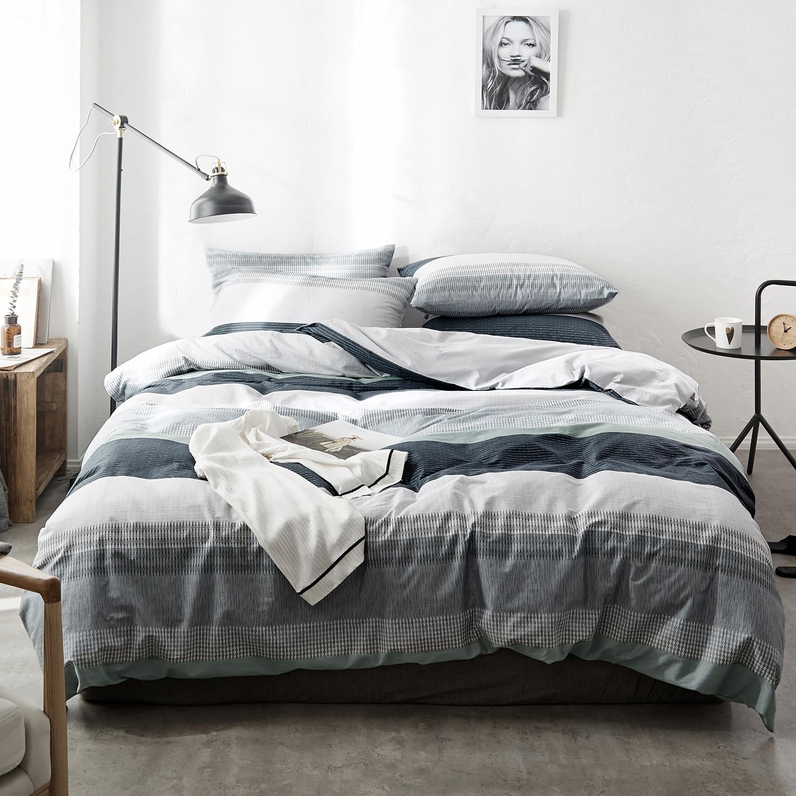 Striped Duvet Cover Set 100% Cotton,King(104"x90"),Grey/Blue/Green Stripes