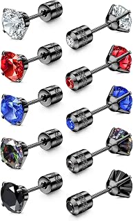 5 Pairs Titanium Steel Screw Back Surgical Stainless Steel Stud Earrings for Women Men, Rainbow 5A Cubic Zirconia Sleeper Studs Hypoallergenic Earrings for Sensitive Ears 3-8mm