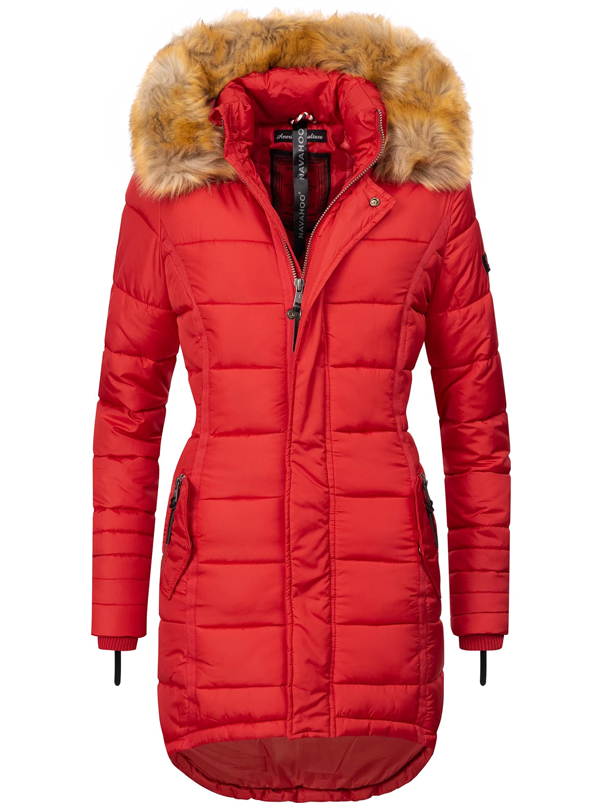 Navahoo Women's Red Papaya ’ Winter Puffer Coat With Faux Fur Hood Xs