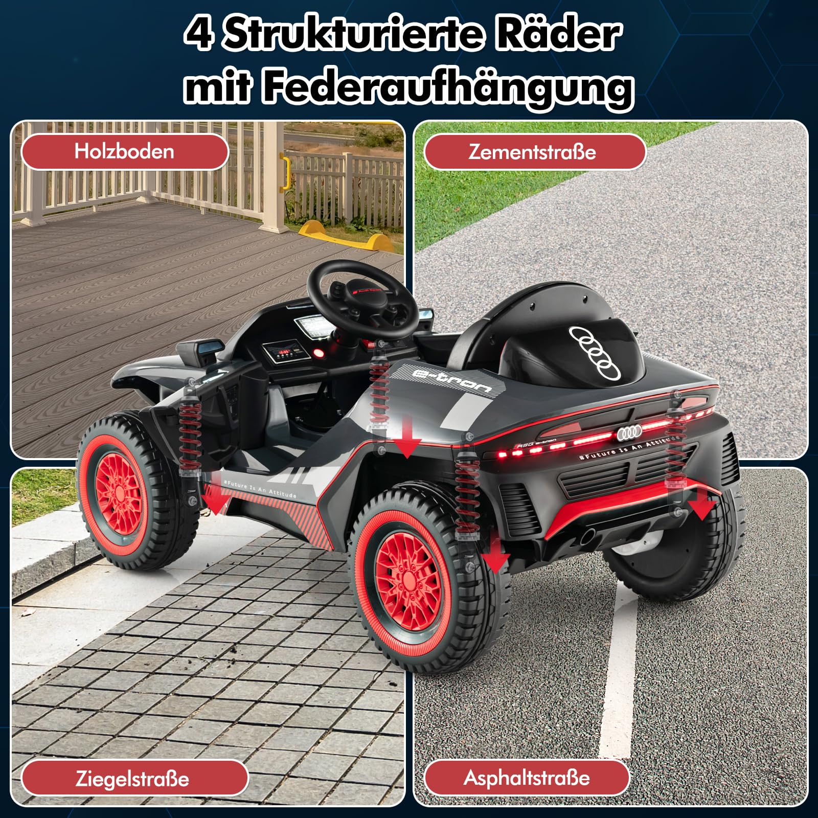 COSTWAY Audi Elektroauto für Kinder, 12V elektrisches Kinderauto mit Fernbedienung & LED-Lichtern & 4 Federungen, Kinderfahrzeug Elektrofahrzeug für Kinder ab 3 Jahren