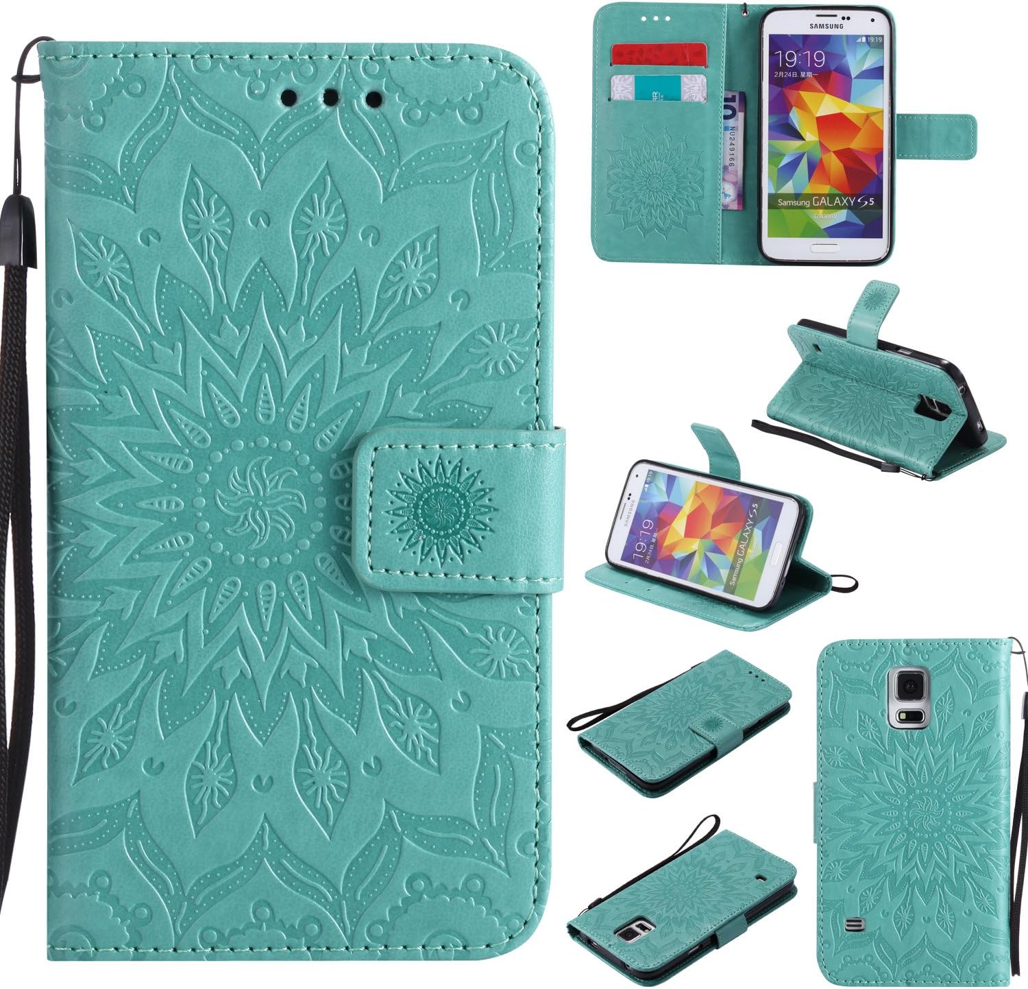 A-slim Galaxy S5 Wallet Case, (TM) Beauty Fashion Sun Pattern Embossed PU Leather Magnetic Flip Cover Card Holders & Hand Strap Wallet Purse Cover Case for Samsung Galaxy S5 I9600 - Green