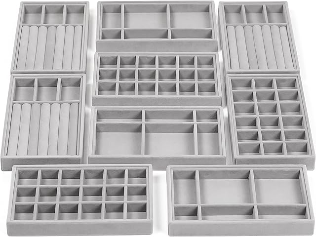 BELLE VOUS Grey Velvet Leather Stackable Jewellery Organiser Storage Trays (9 Pack) - 12.3 x 21cm/4.84 x 8.27 Inches - Dresser Drawer Display Boxes for Necklaces, Rings, Bracelets & Earrings