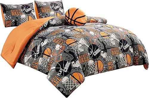 Miniatura 9 de Chezmoi Collection Juego de edredón de 3 piezas para niños, microfibra suave, gris, naranja, multicolor, baloncesto, Slam Dunk Sports, tamaño