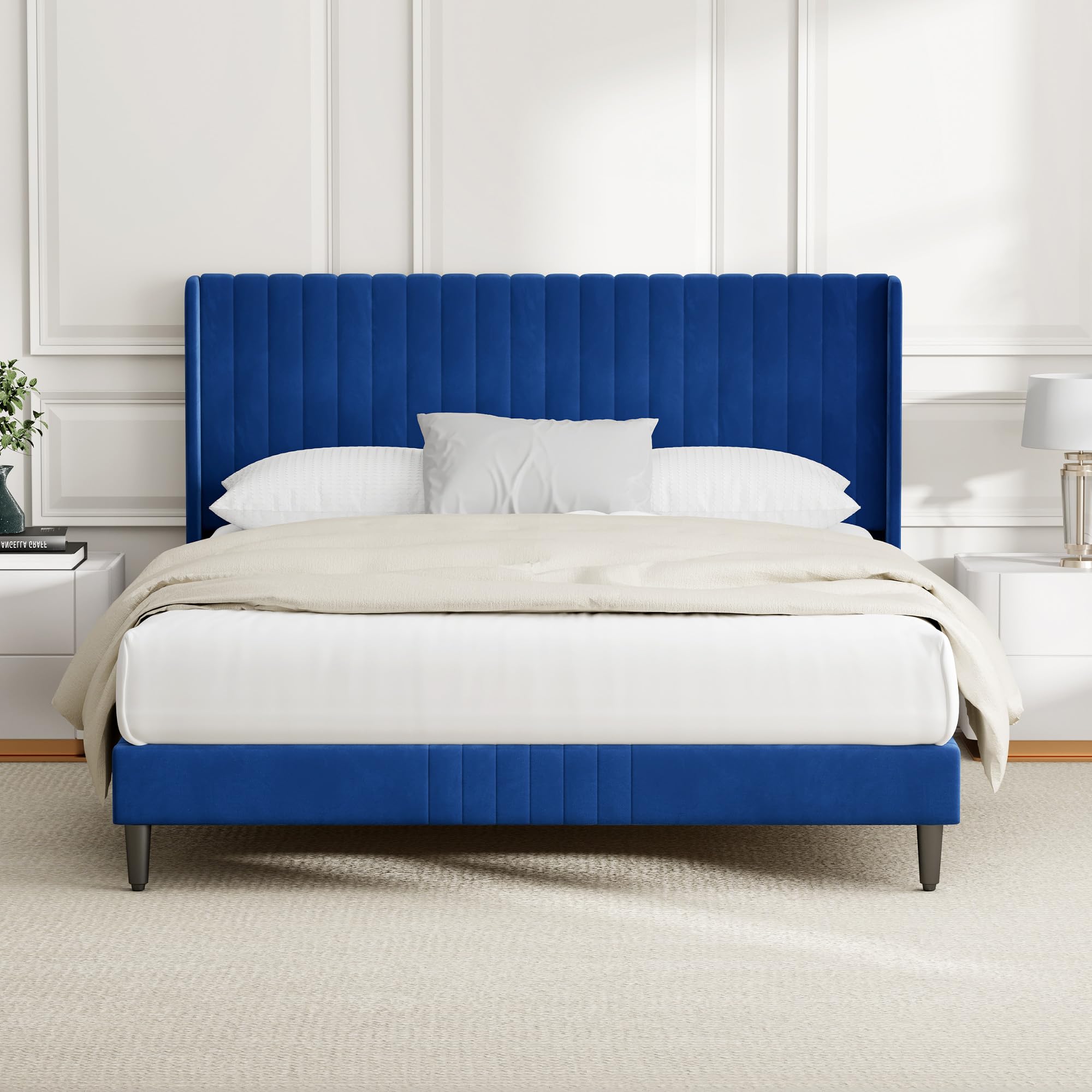 CozyLiving Double Upholstered Bed Frame with Cozy Tufted Headboard, Wood Slat Support, No Box Spring Needed - CHARLIE (Blue)