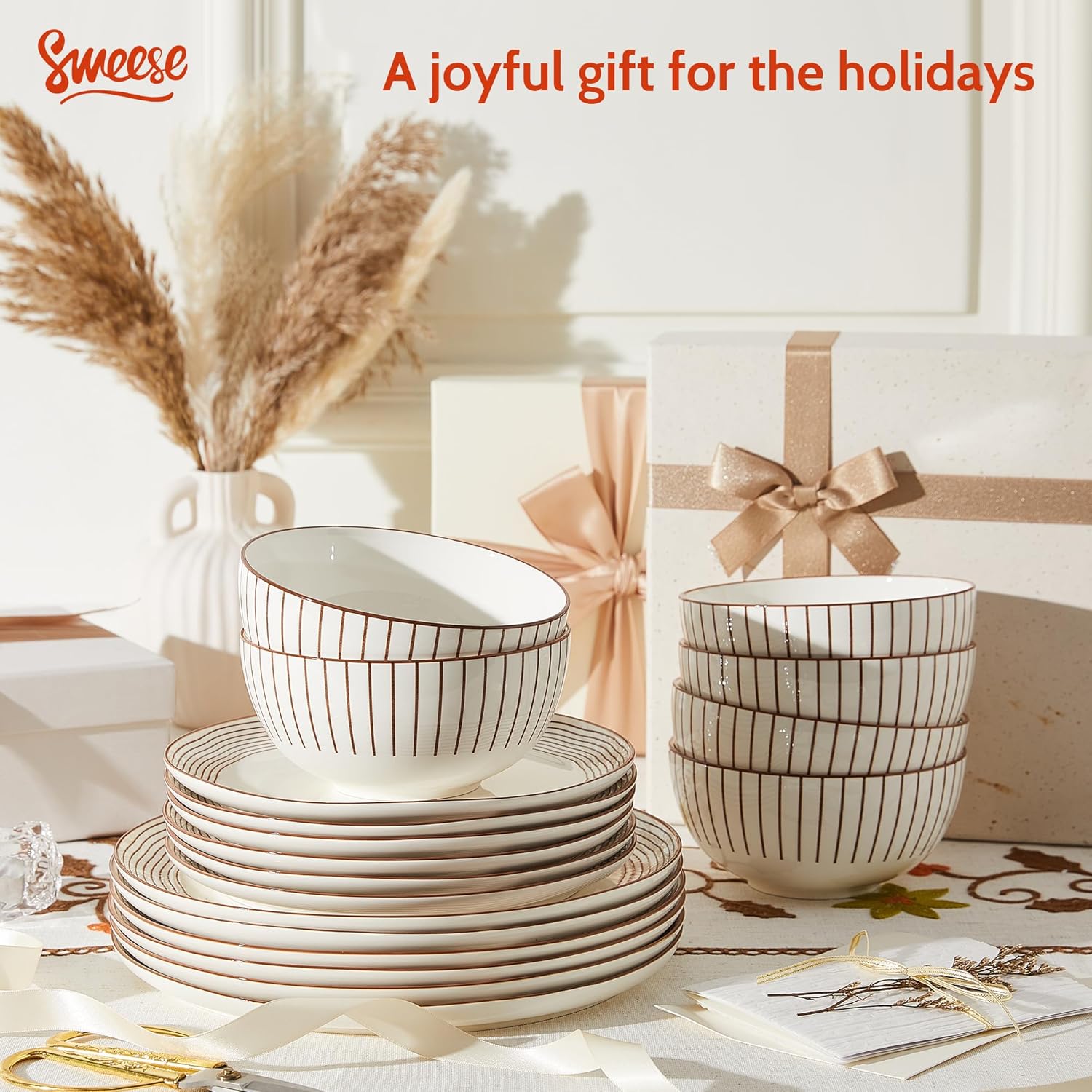 Sweese Lightweight Dinnerware Sets, Plates and Bowls Set for 6, 18 Pieces Stripe Dishes - Chip and Scratch Resistant, Microwave and Dishwasher Safe Porcelain Dinner Sets, Neutral