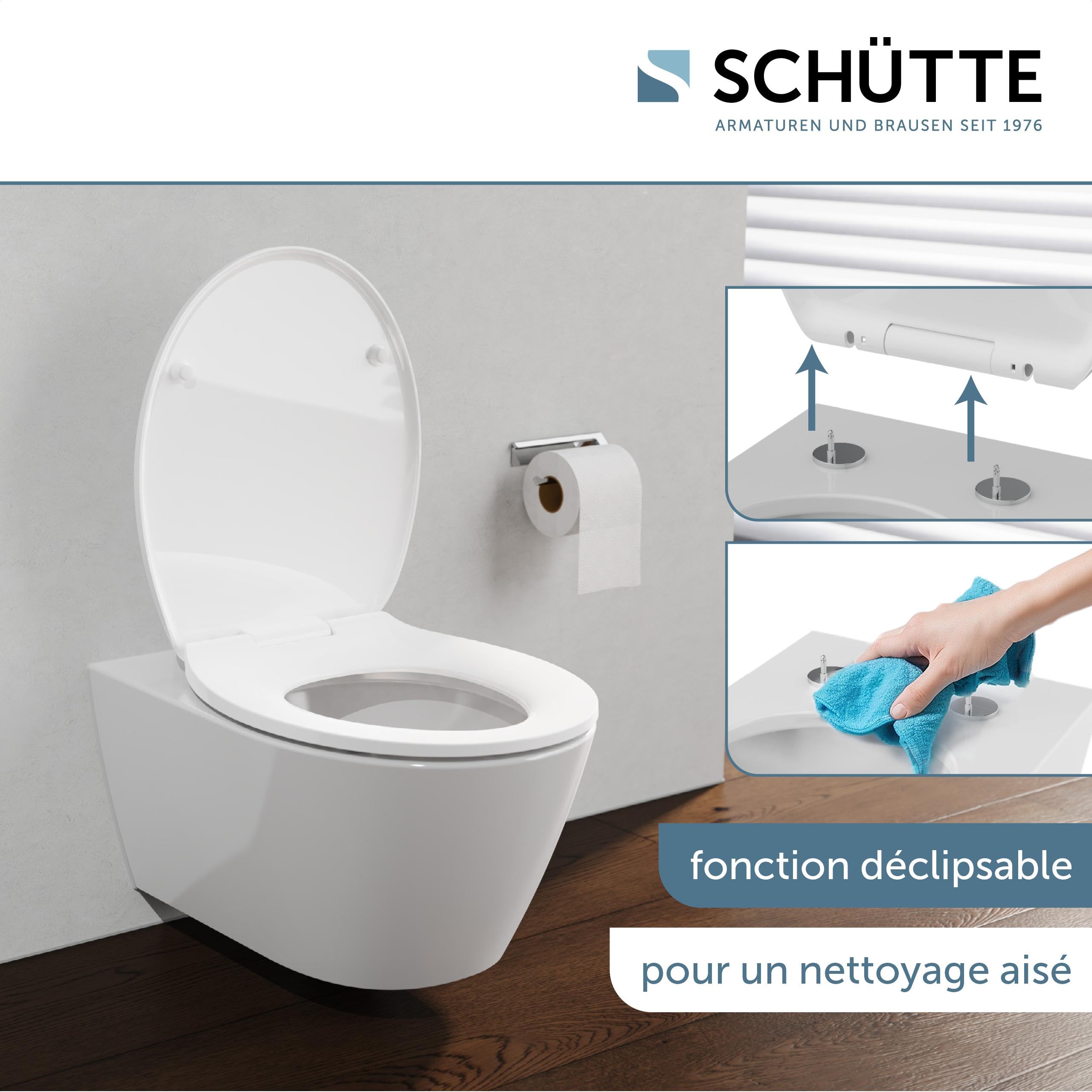 Schütte Abattant WC Universel Fin - Duroplast, Abaissement Automatique | Lunette de toilette Duroplast incassable, amovible, fixation adhésive, charge 250 kg, compatible céramiques standard