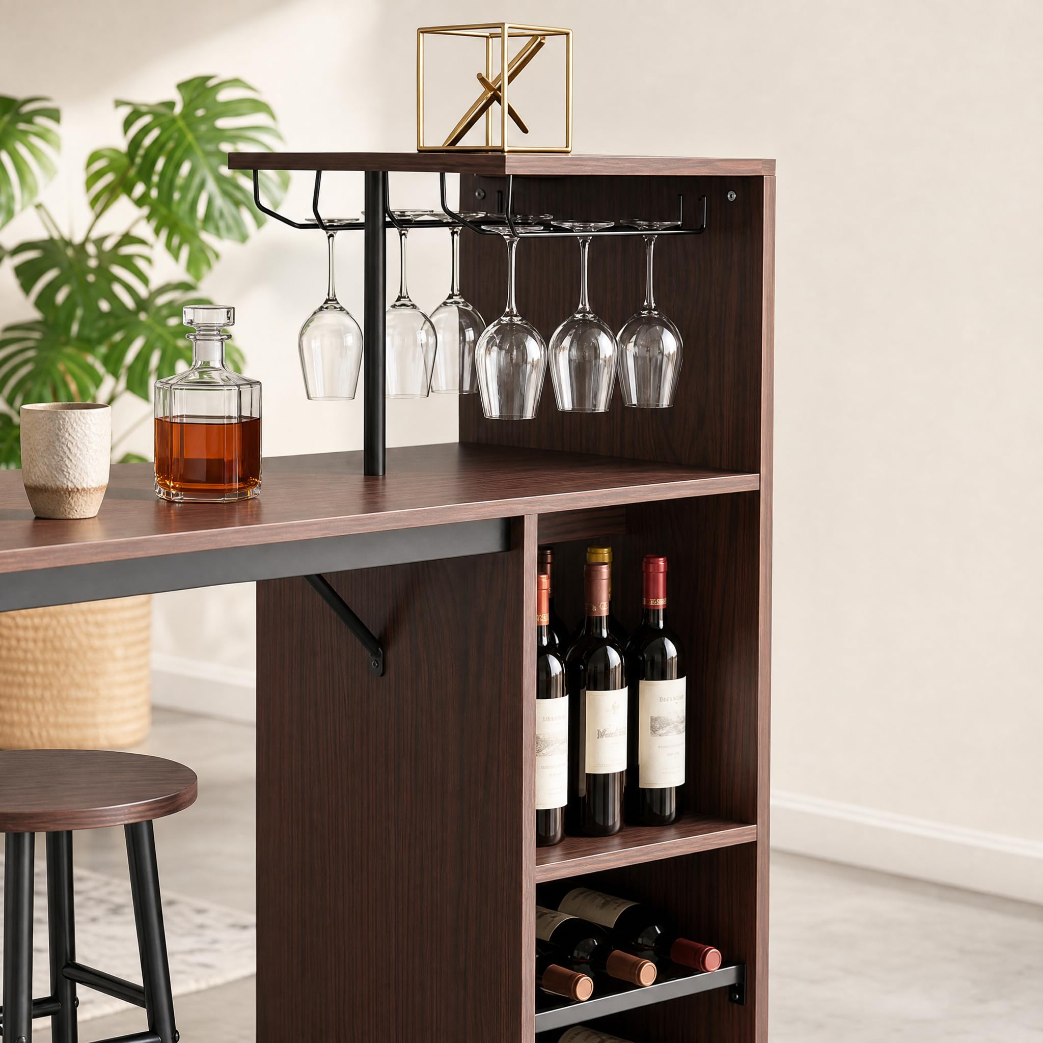 RELAX4LIFE Table Haute avec Tabouret, Mange Debout avec Porte-Verre, Porte-Bouteille, Étagères, Petite Table Bar Industrielle pour Cuisine Bistro Salle à Manger (Café)