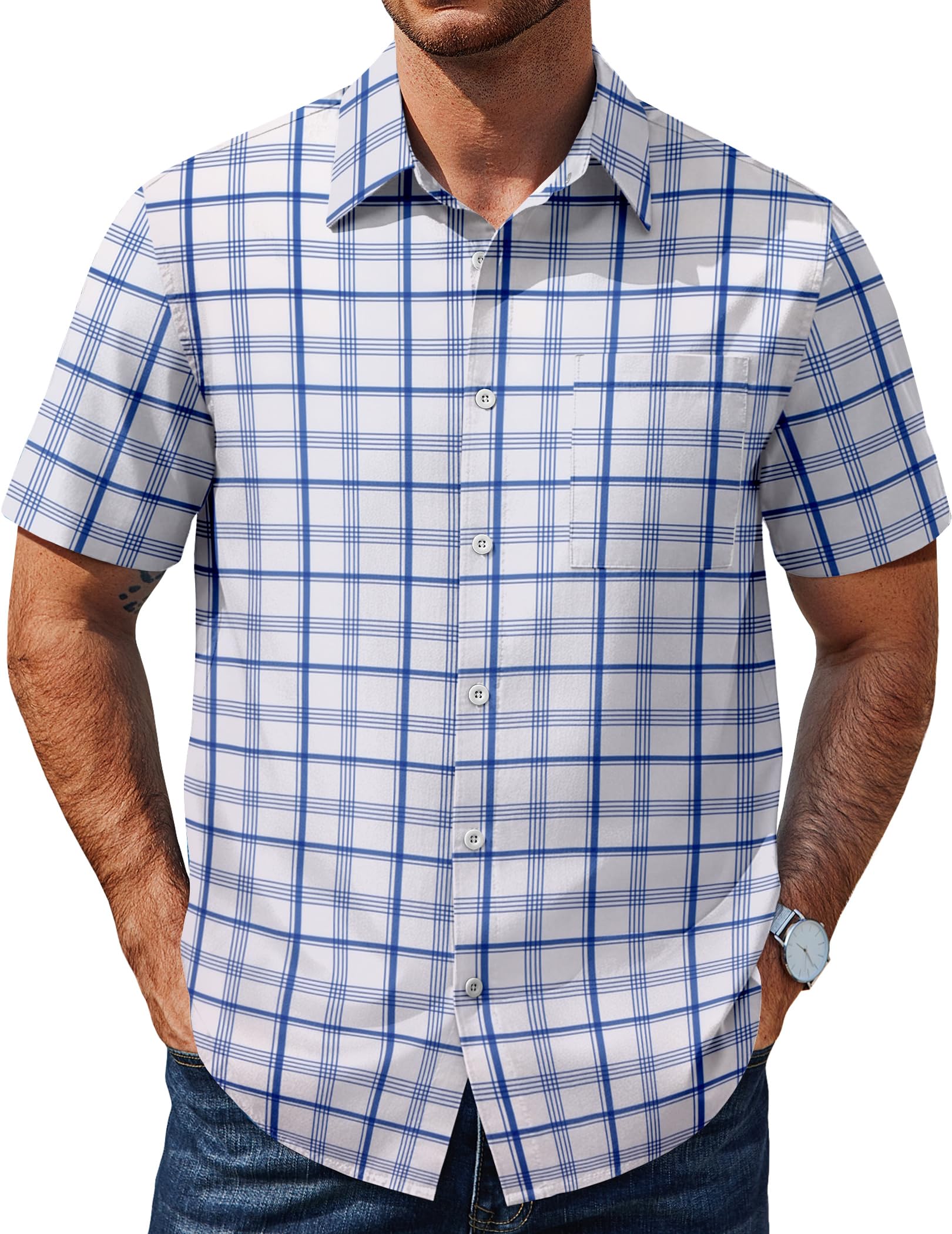 COOFANDY Mens Plaid Short Sleeve Button Down Shirts Regular Fit Casual Dress Shirts with Pocket