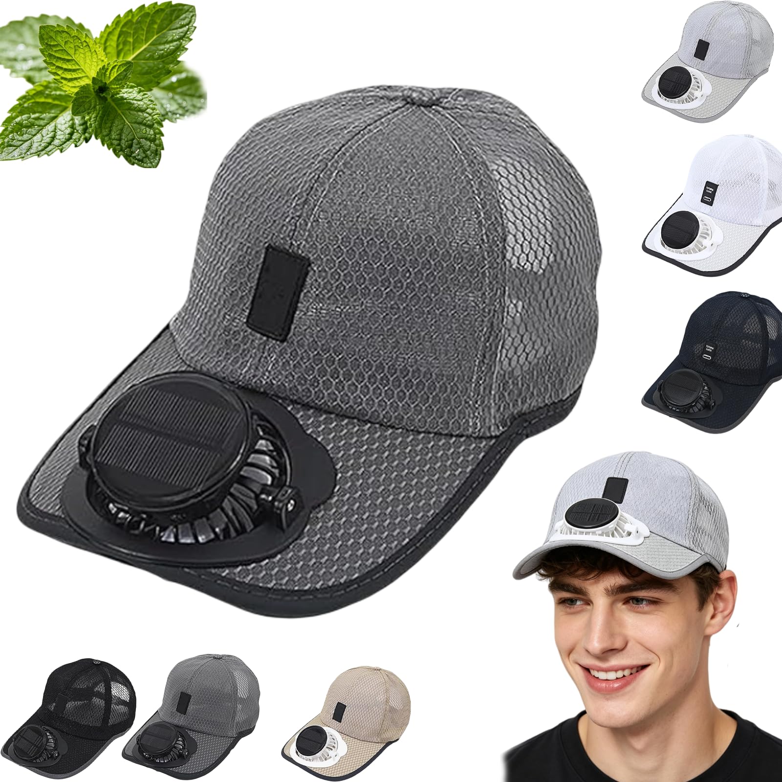 Cap with Fan, Solar Fan Cap,Solar Fan Cap for Outdoor Adventures,Solar Rechargeable Peak Cap, USB & Solar Powered Breathable Fan Cap Breathable Sun hat Baseball Cap (Gray)