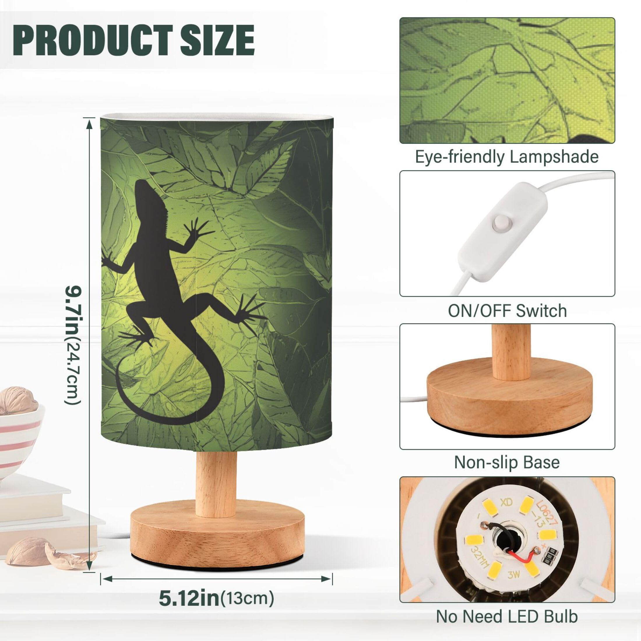Lámpara de mesa con forma de gecko de lagarto camaleón sobre hoja verde, lámpara de mesita de noche con base de madera, pantalla de tela, lámpara de escritorio para sala de estar, dormitorio