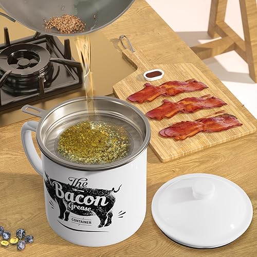 Miniatura 4 de Recipiente de grasa de tocino con colador, recipiente grande de grasa de esmalte de 46 onzas, con espátula de silicona, contenedor de grasa de