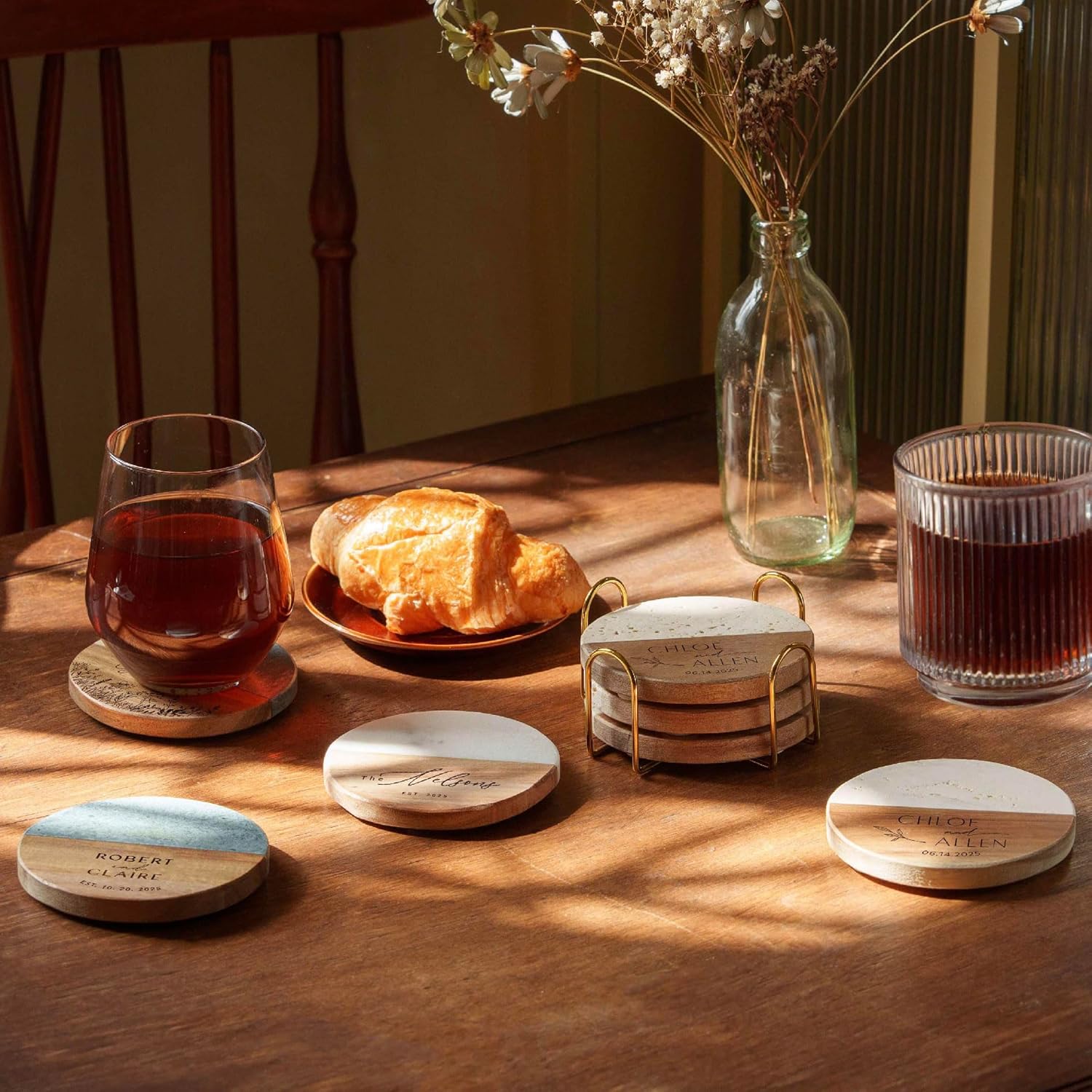 Luxury Marble and Wood Coasters, Set of 4 with Gold Stand, Unique Décor Gift for Weddings, Engagements, and Anniversaries (Assorted Marble Set)