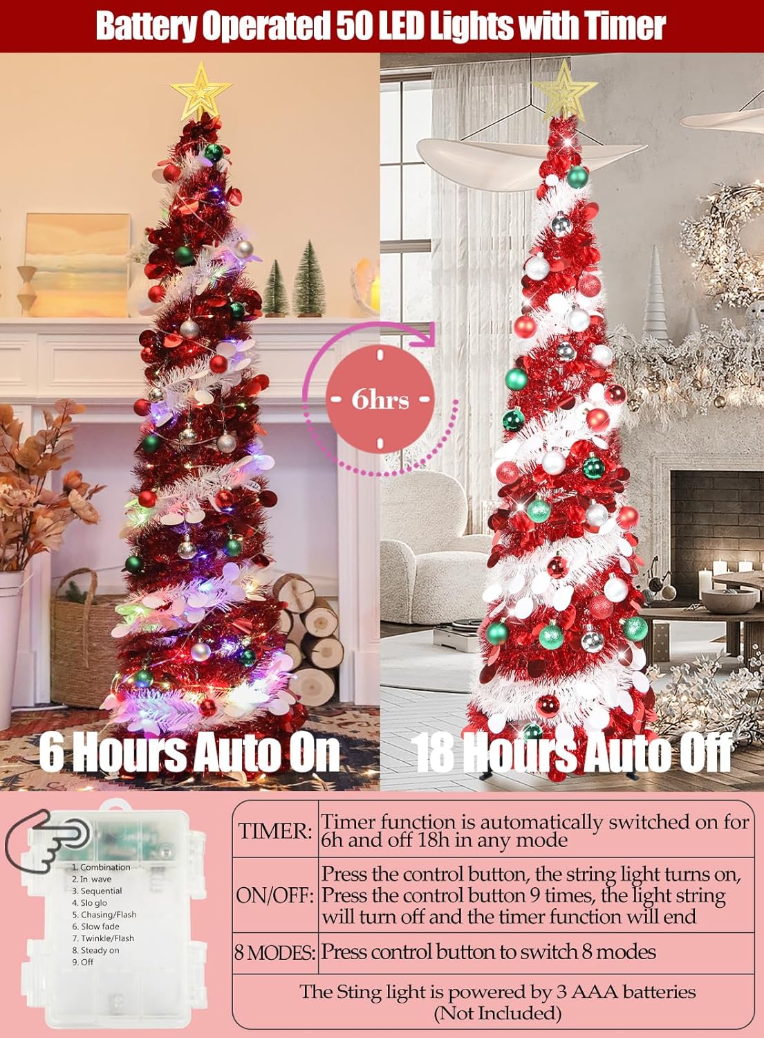 5 FT Pop Up Christmas Tree with Timer Lights and Decorations, Red Artificial Xmas Tinsel Tree with 24 Ball Ornaments, Collapsible Pencil Tree for Home, Office, Holiday Party Decor