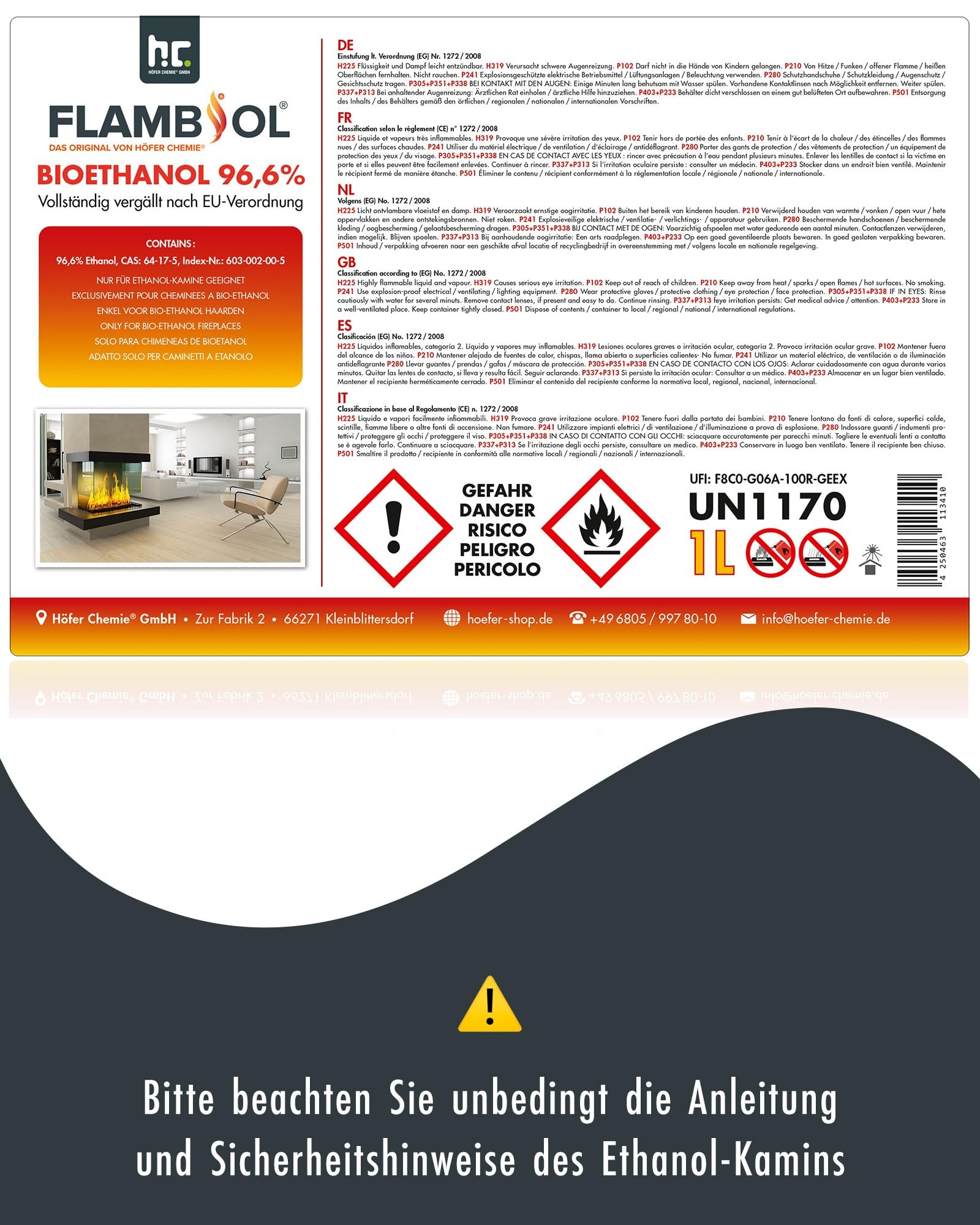 Höfer Chemie 2 x 5 L (10 Liter) FLAMBIOL® Bioethanol 96,6% Premium für Ethanol Kamin, Ethanol Feuerstelle, Ethanol Tischfeuer und Bioethanol Kamin