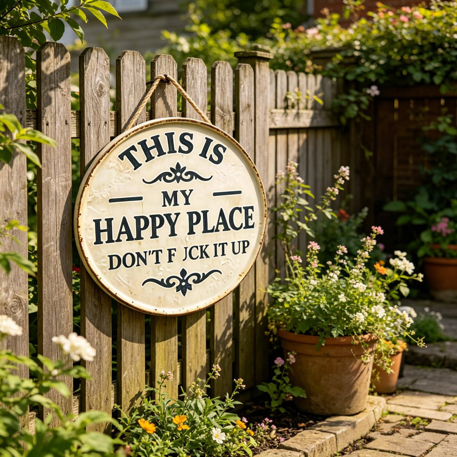 This is My Happy Place Sign,“This is My Happy Place Don’t FXXK It Up” Round Garden Wall Decor,Funny Garden Metal Sign,Outdoor Terrace Hanging Sign,for Front Door (Large(16 inch)) — view 3