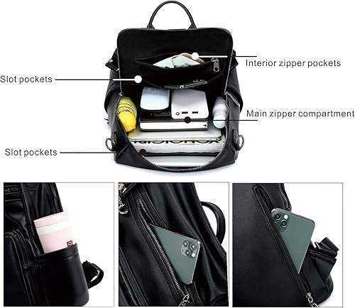 Miniatura 5 de OPAGE - Mochila de cuero para mujer, con borla de moda, bolso de hombro, mochila grande, bolsa de viaje, Negro, L, Viajar