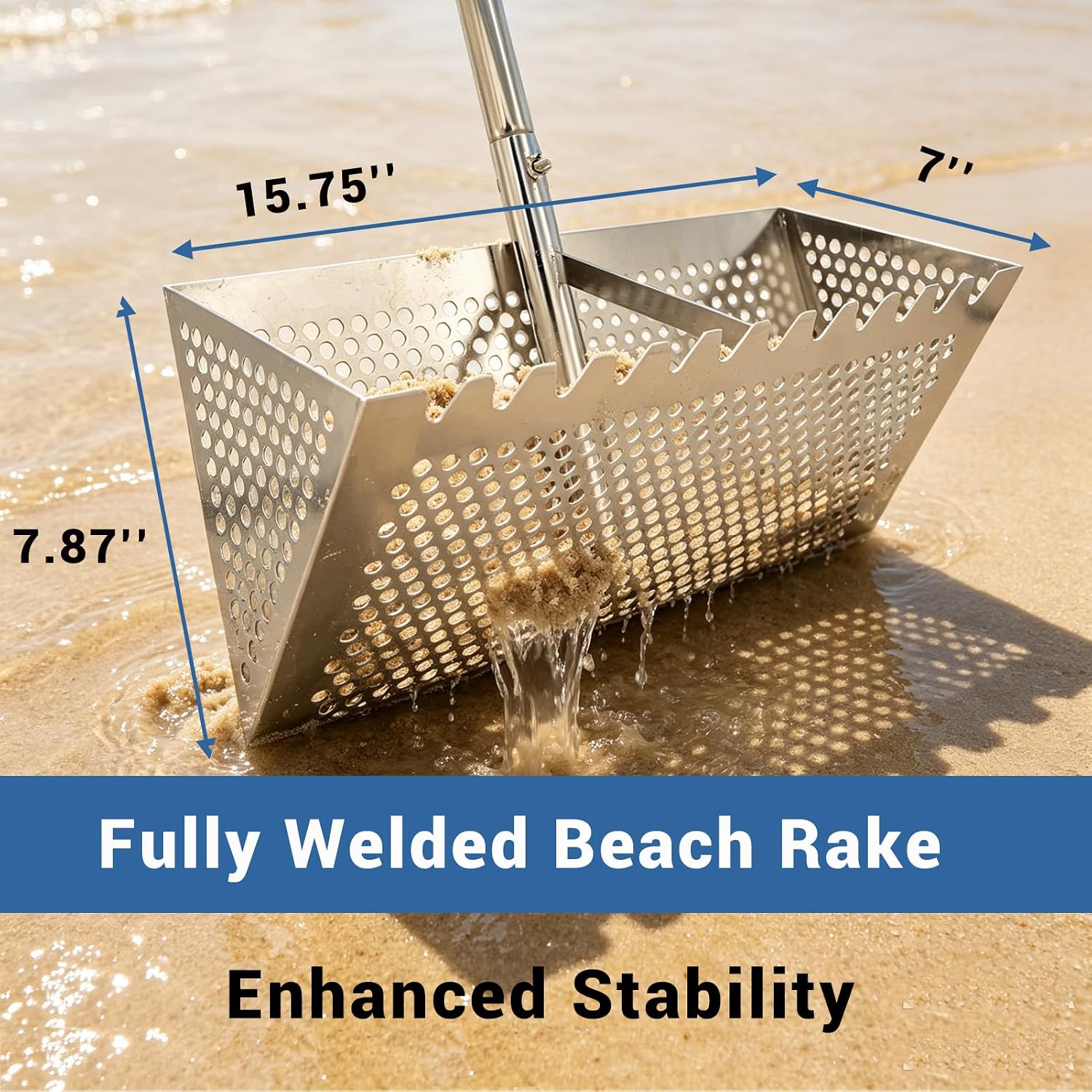 Sand Fleas Rake, 304 Stainless Steel Sand Sifter, Collapsible Shark Tooth Sifter for Beach,Rust-Proof Sand Crab Catcher with Foldable Pail . image 3