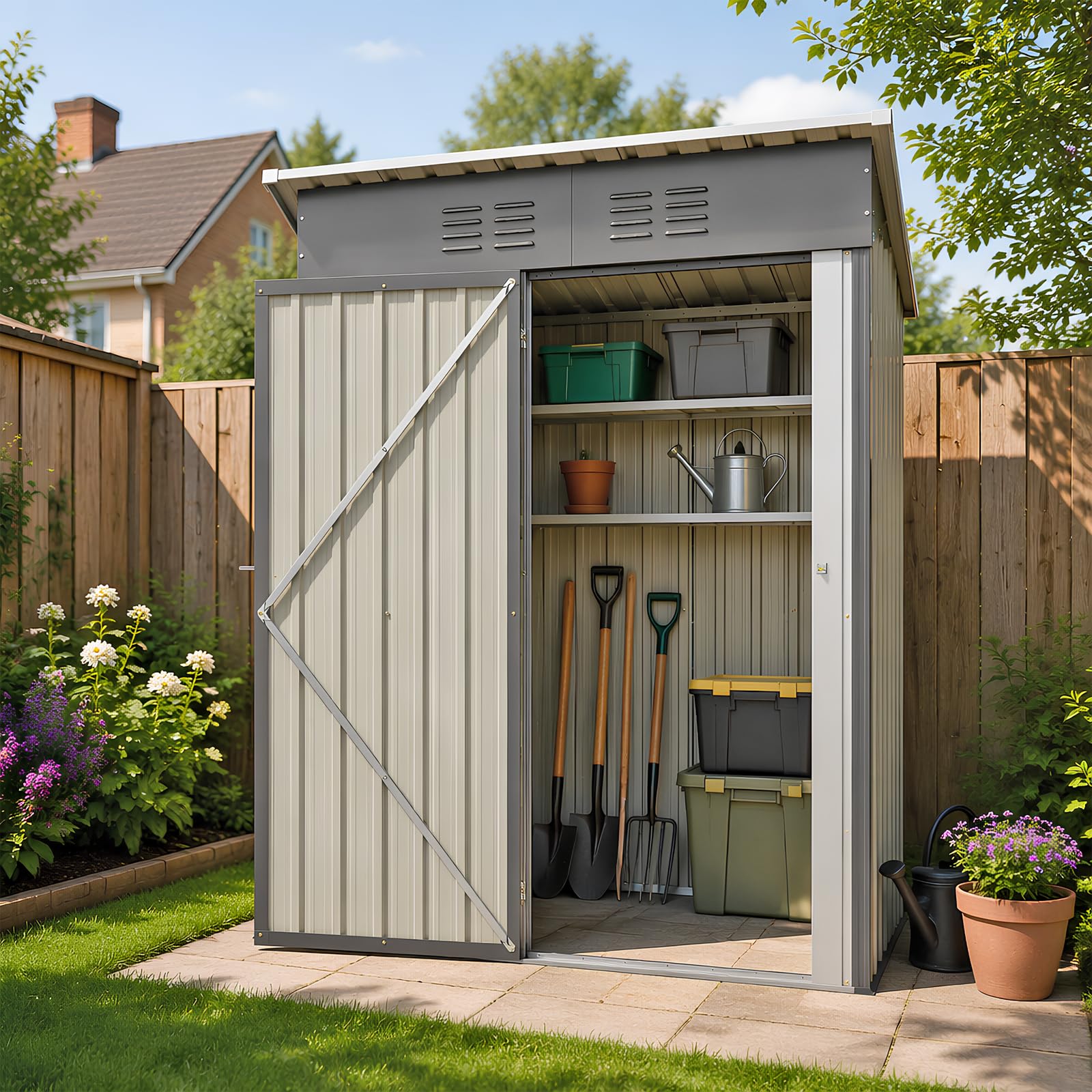 5x3 FT Garden Shed, Weatherproof Outdoor Metal Storage Shed with Lock, 2 Air Vents, Colour-Coated Steel Tool Shed with Gloves, Ground Nails & Expansion Screws, for Garden Tools, Bins & Pet Room