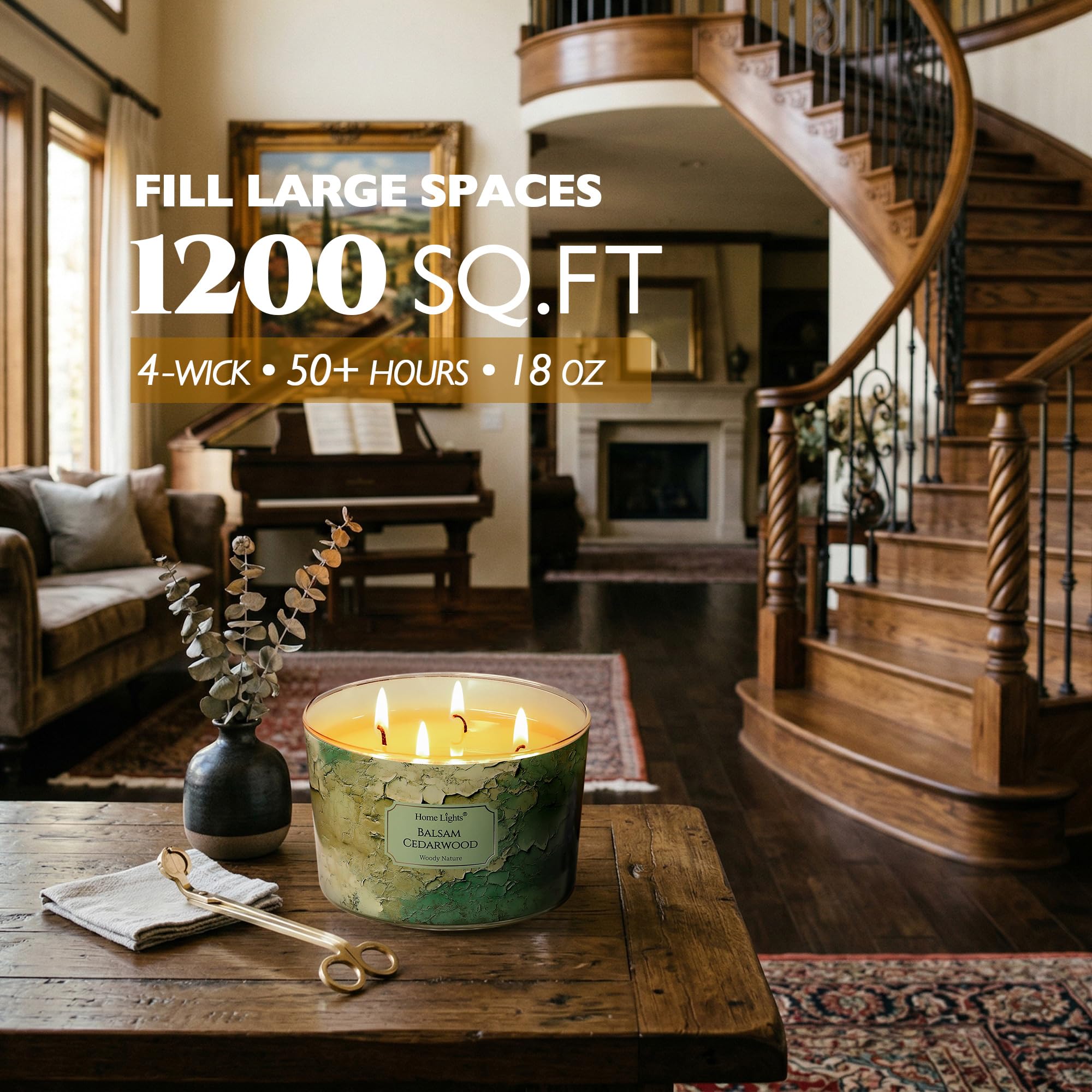 HomeLights Velas con aroma a cedro balsámico Vela de soja de 18oz, estilo industrial chic, frascos grandes de 4 mechas Velas ideales para regalar en eventos, alivio del estrés y relajación