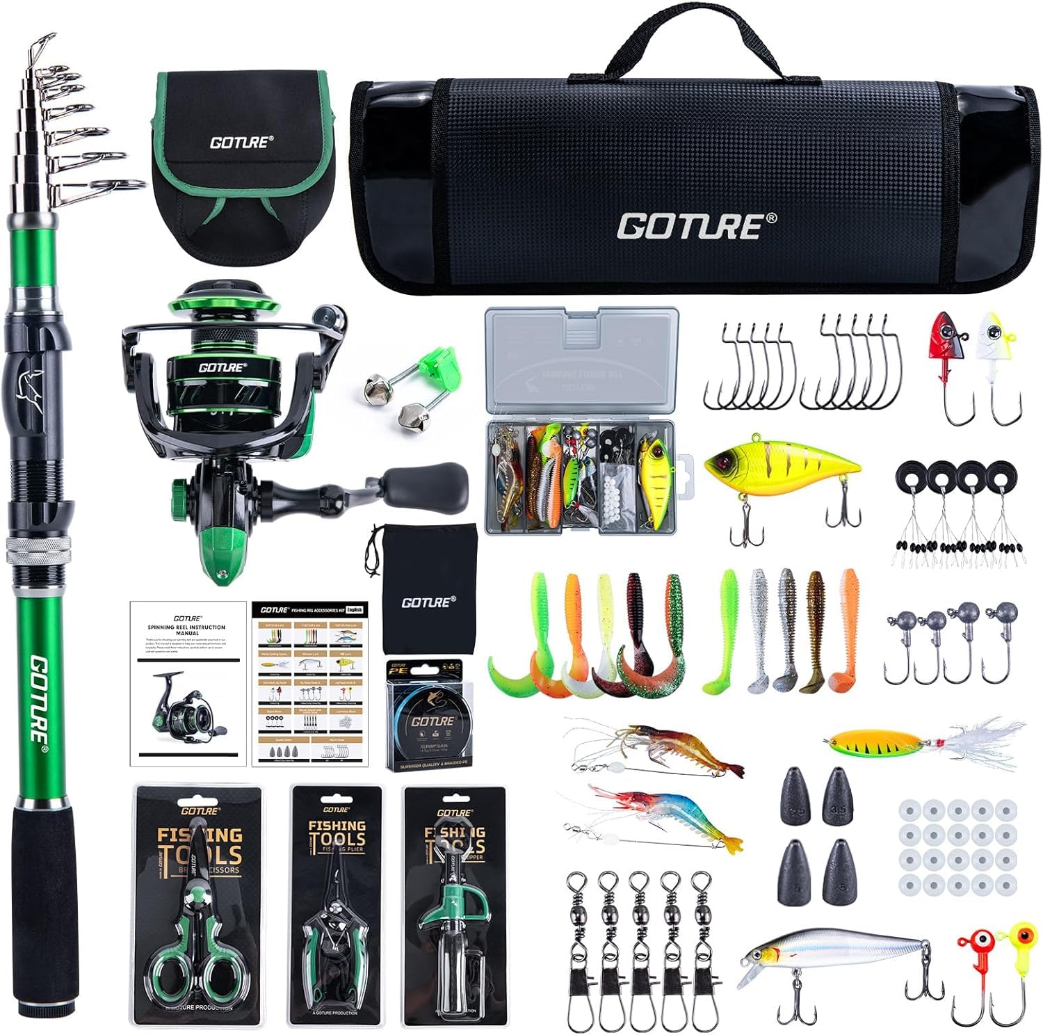 Goture Angelset mit Teleskop-Angelruten (24T Carbon),1,8m/2,1m/2,4m/2,7m I Angelrute Set Komplett 5.2:1 Spinnrolle, 150m/14kg Schnur, Köderbox & Tragetasche – für Salz-/Süßwasser, Reisen–Angelgeschenk